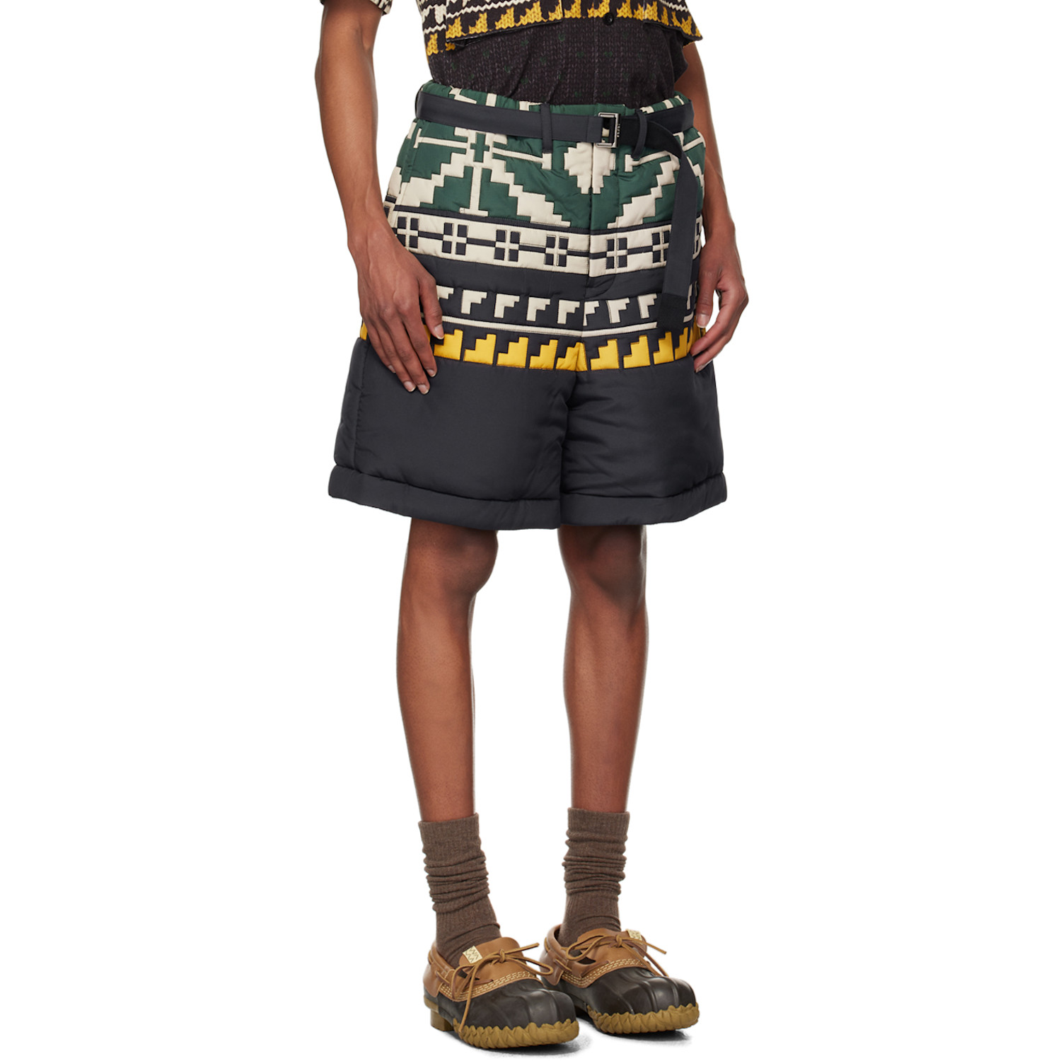  Sacai Black & Green Knit Pattern Quilted Shorts 