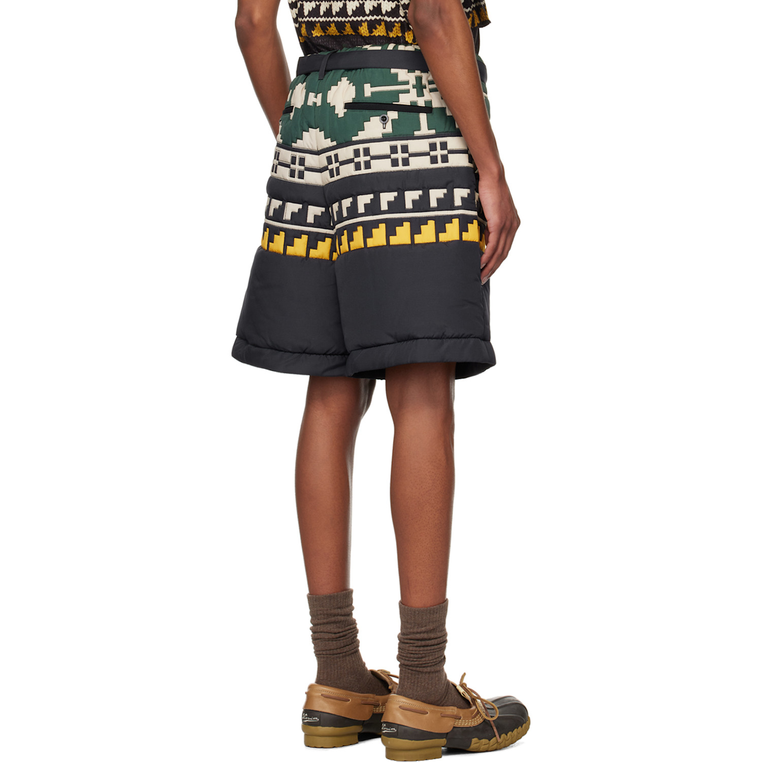  Sacai Black & Green Knit Pattern Quilted Shorts 