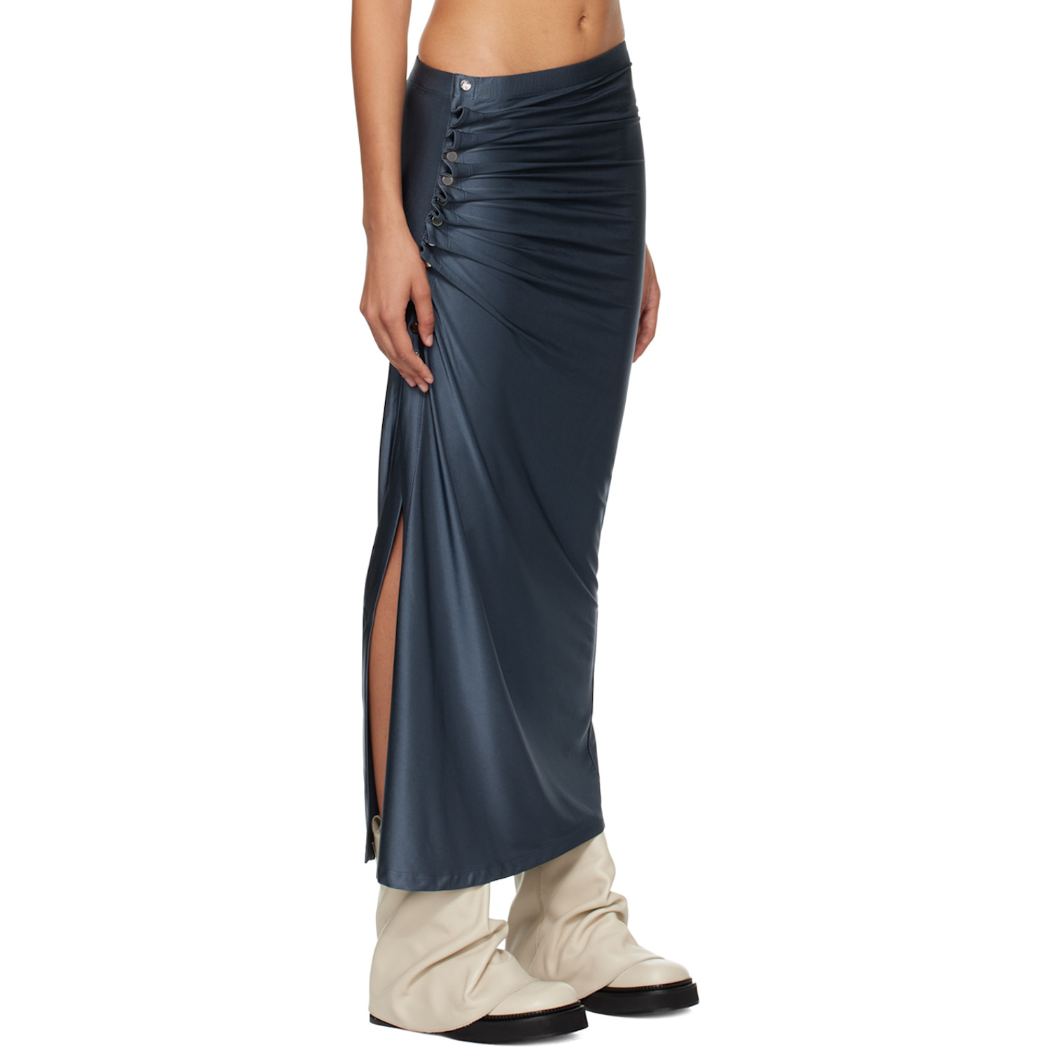 Rabanne Gray Drapé Pression Midi Skirt 