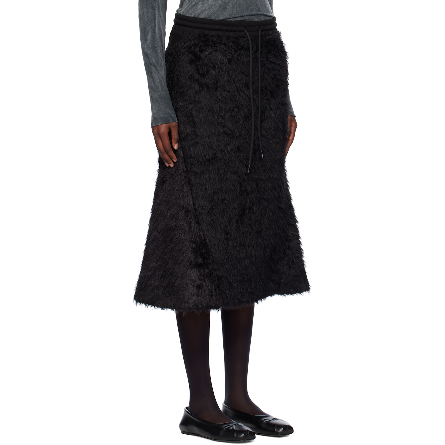  Open Yy Black Shaggy Track Faux-fur Midi Skirt 