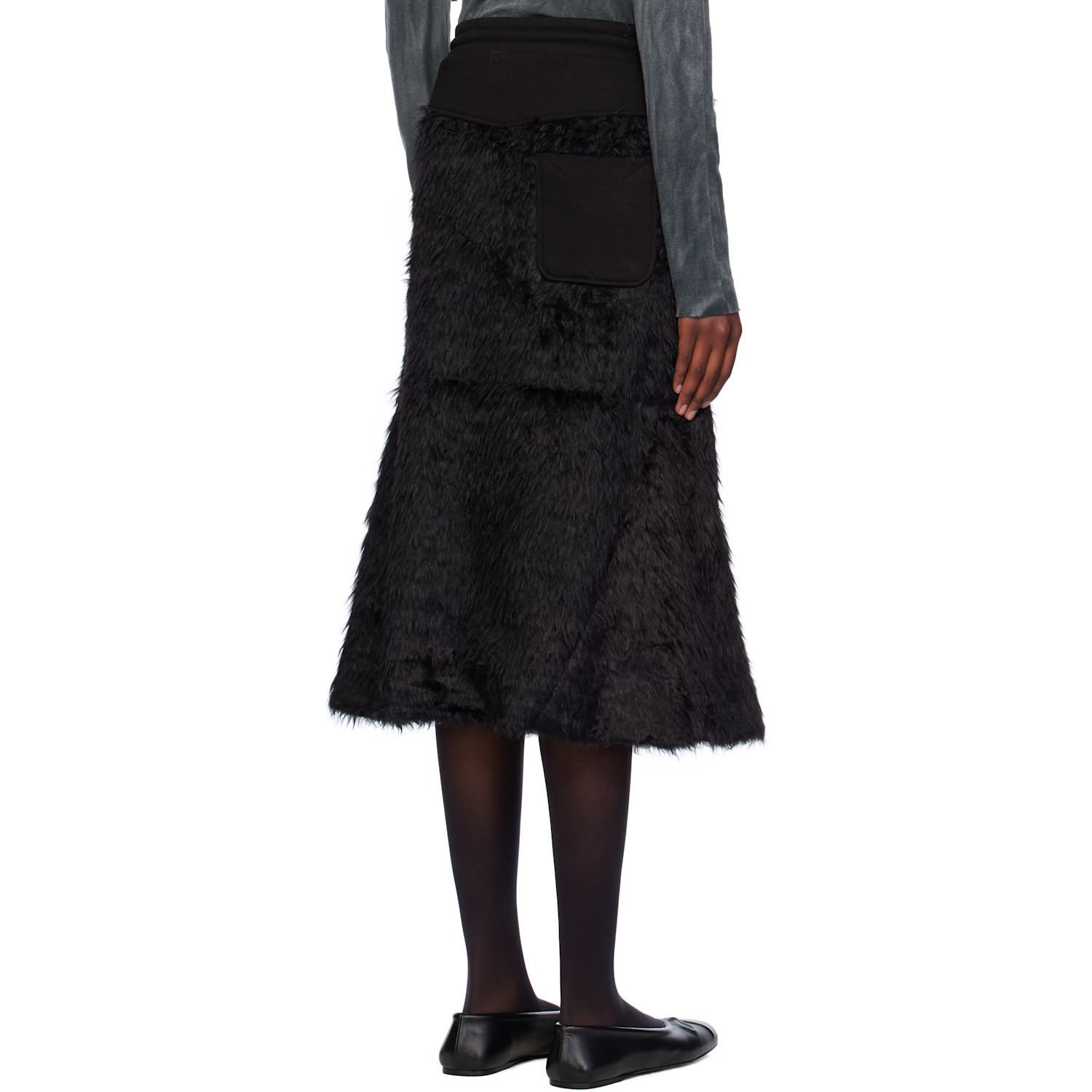  Open Yy Black Shaggy Track Faux-fur Midi Skirt 