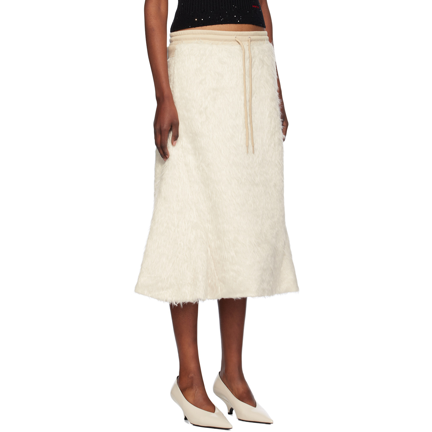  Open Yy Beige Shaggy Faux-fur Midi Skirt 
