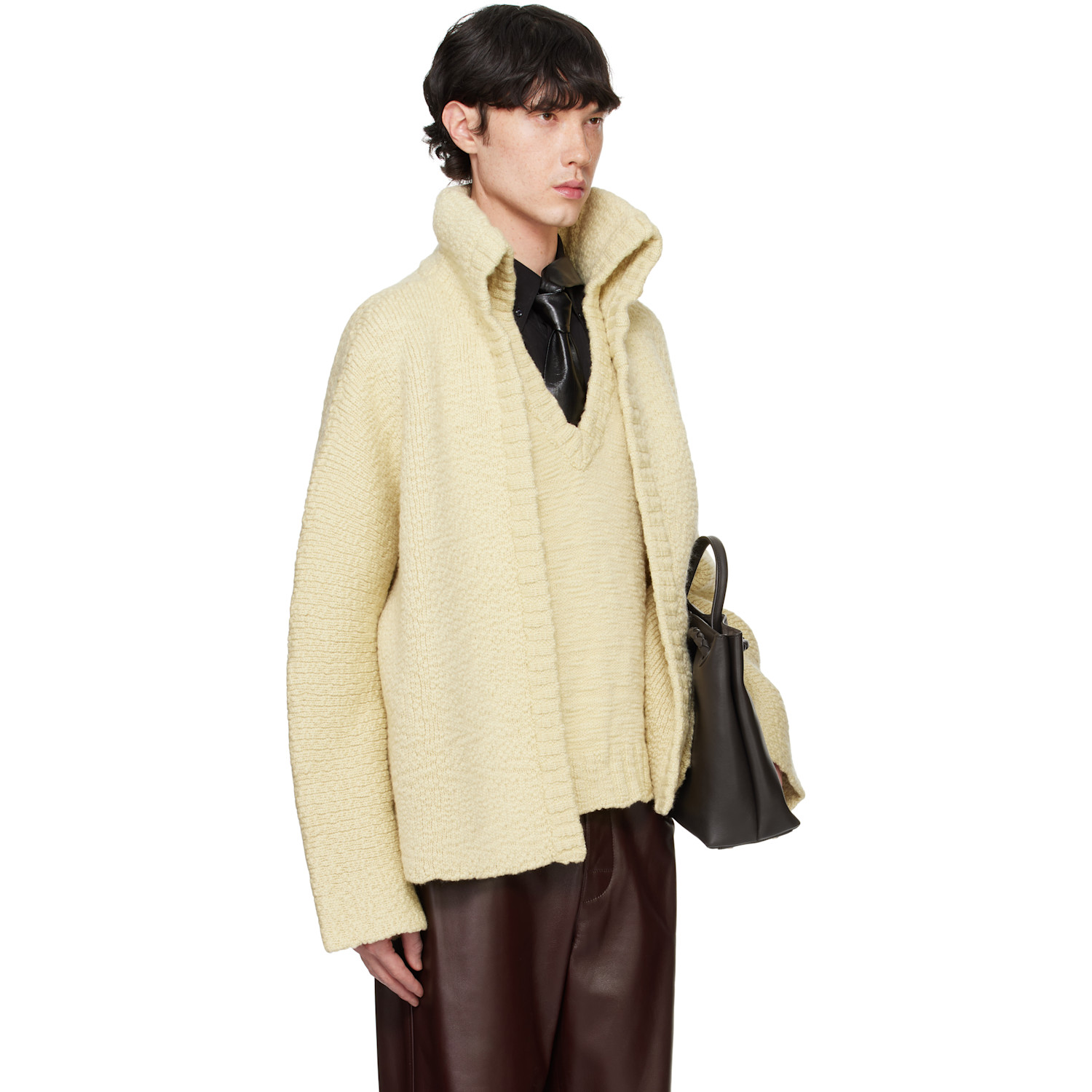  Bottega Veneta Yellow Textured Wool Double Layer Cardigan 