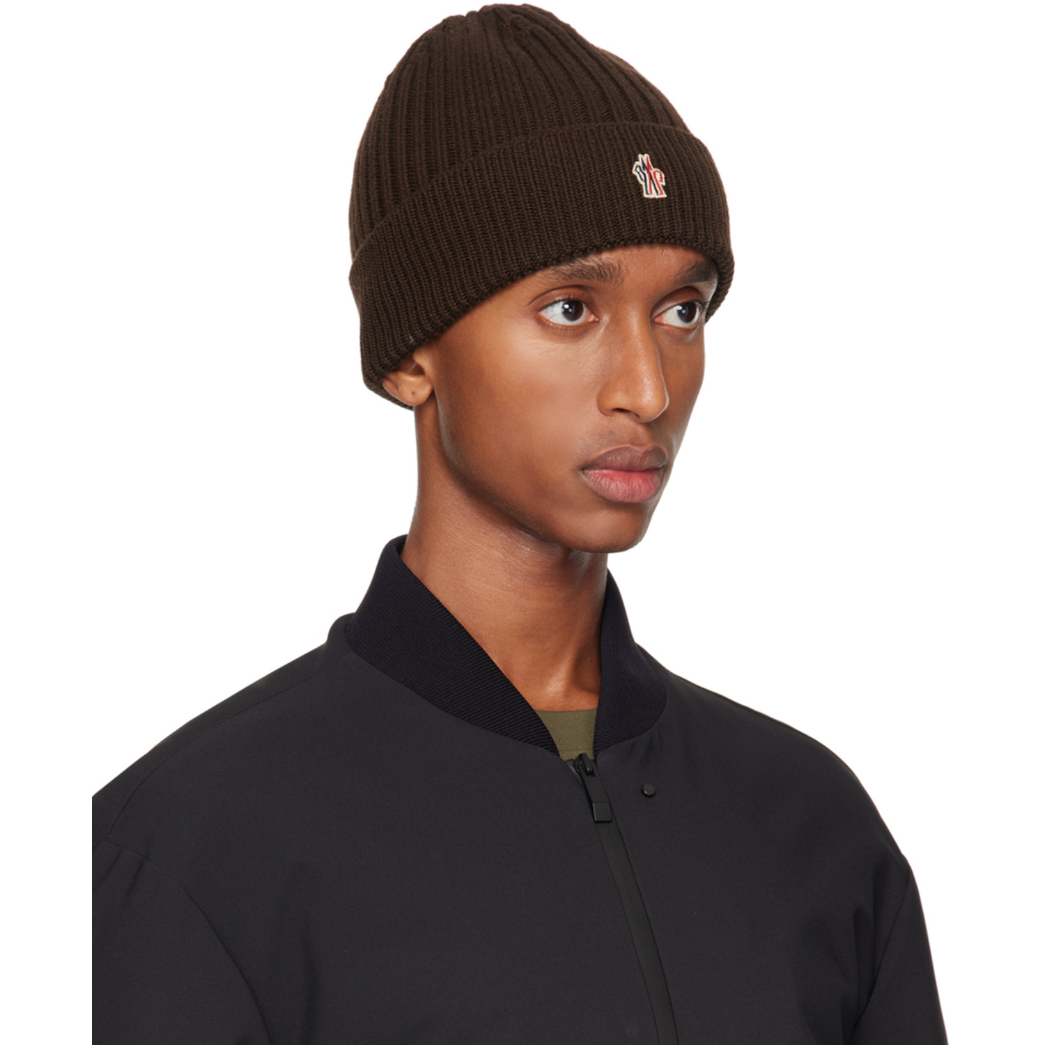  Moncler Grenoble Brown Ribbed Knit Wool Beanie 