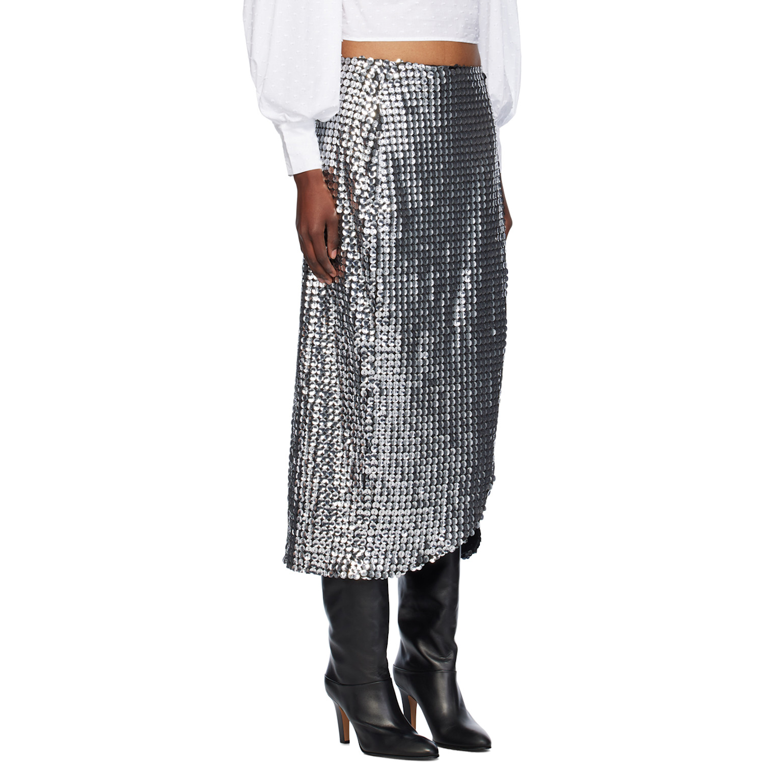  Anna Sui Silver Ruched Midi Skirt 