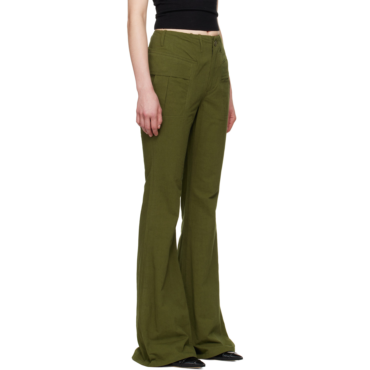  R13 Khaki Flare Leg Trousers 