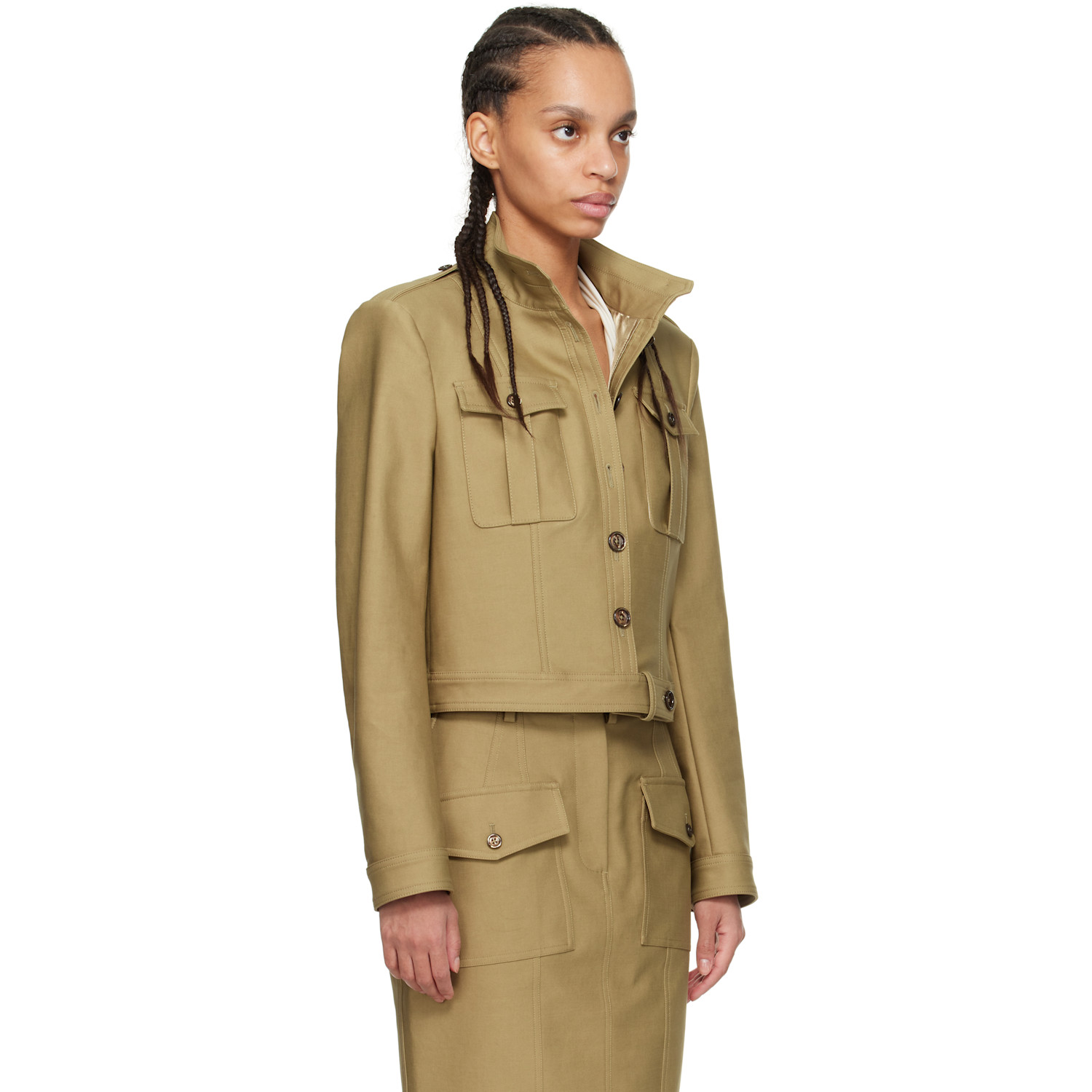  Tom Ford Khaki Stand Collar Cropped Safari Jacket 