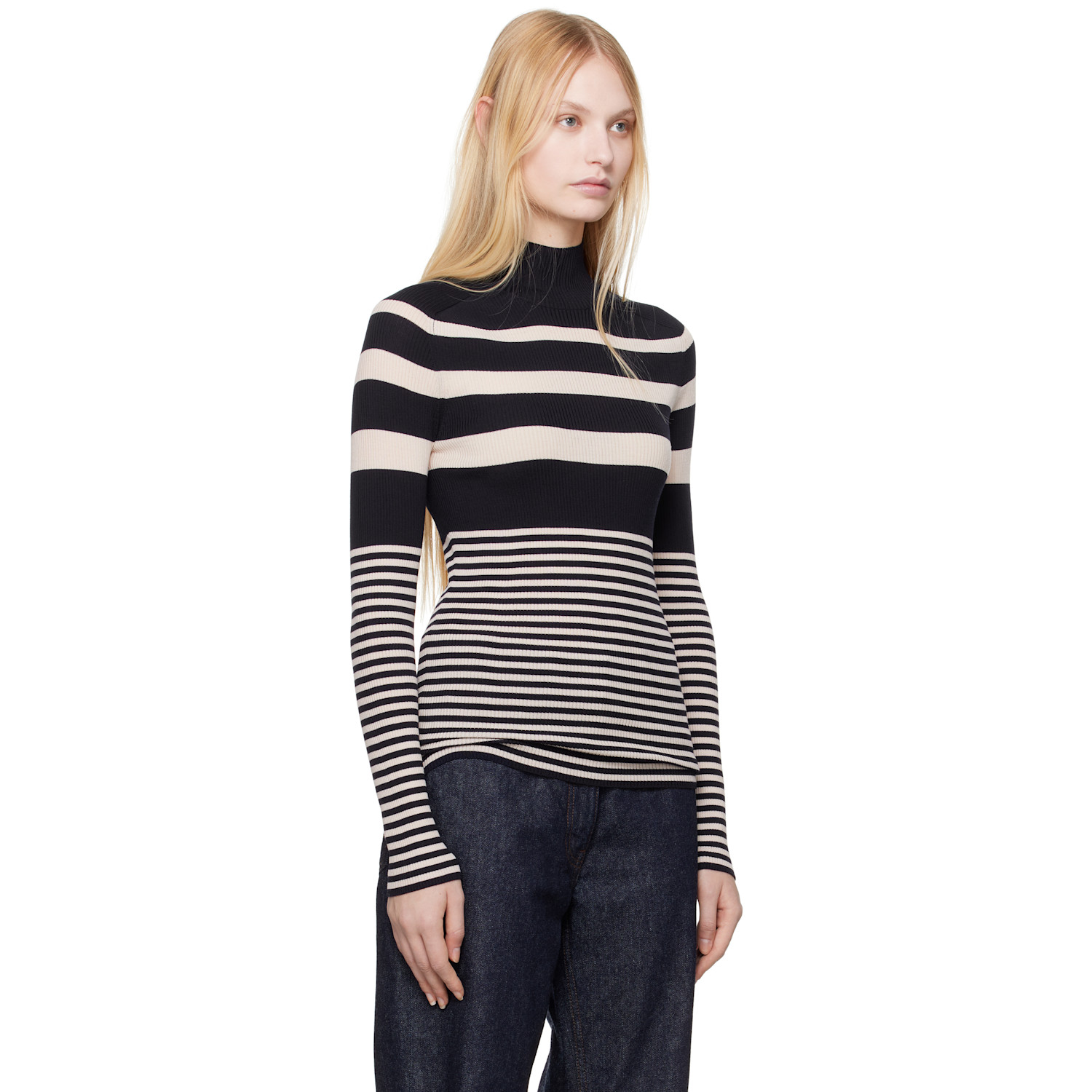  Moncler White & Blue Striped Wool Turtleneck 