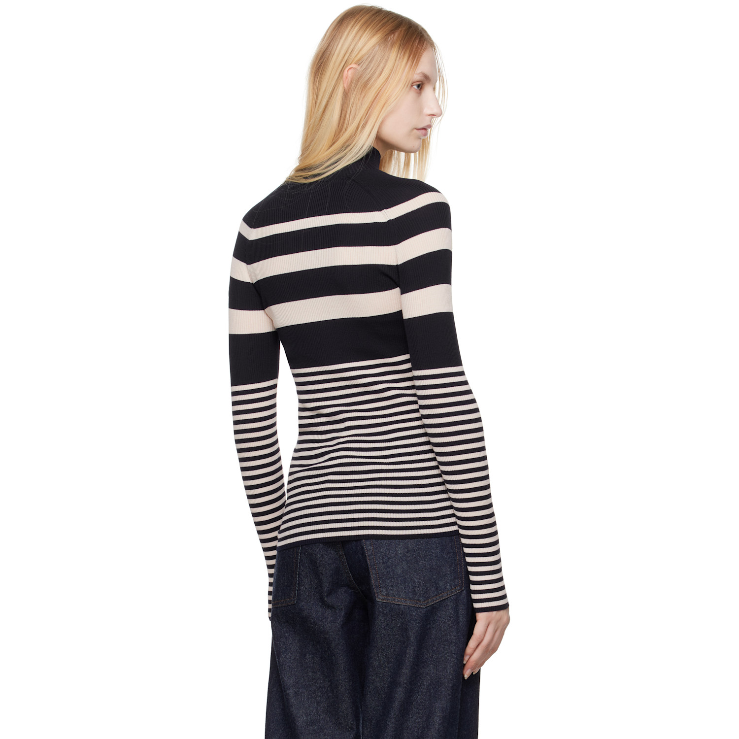  Moncler White & Blue Striped Wool Turtleneck 