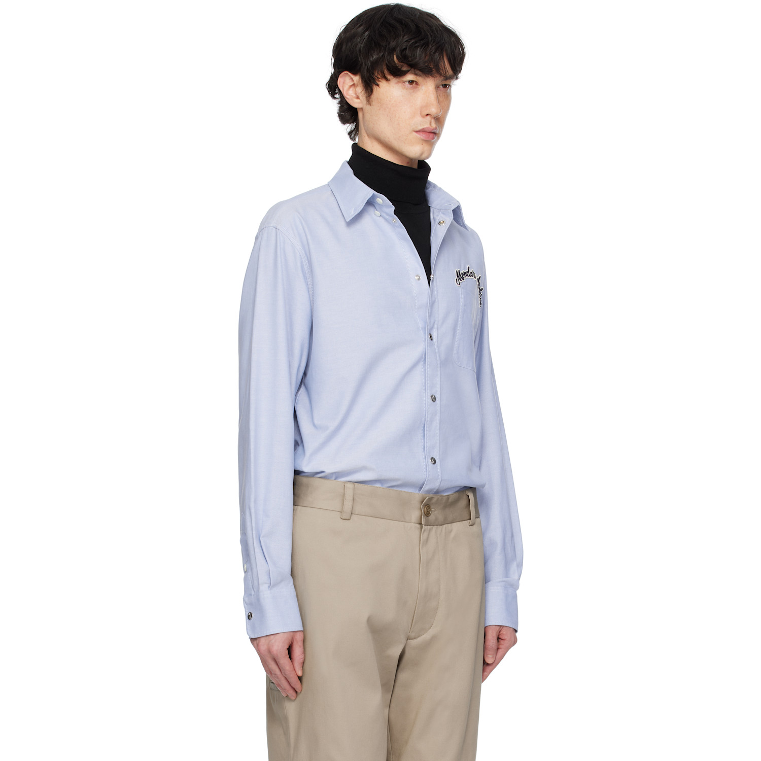  Moncler Blue Embroidered Logo Oxford Cotton Shirt 