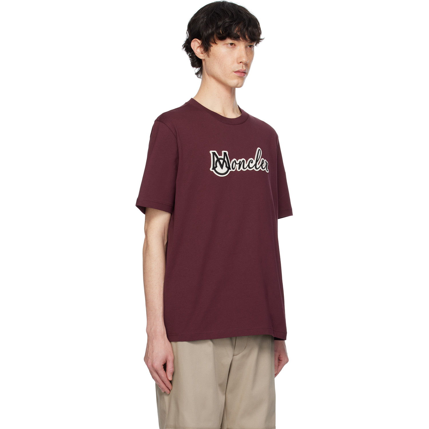 Moncler Burgundy Embroidered Varsity Logo Cotton T-shirt 
