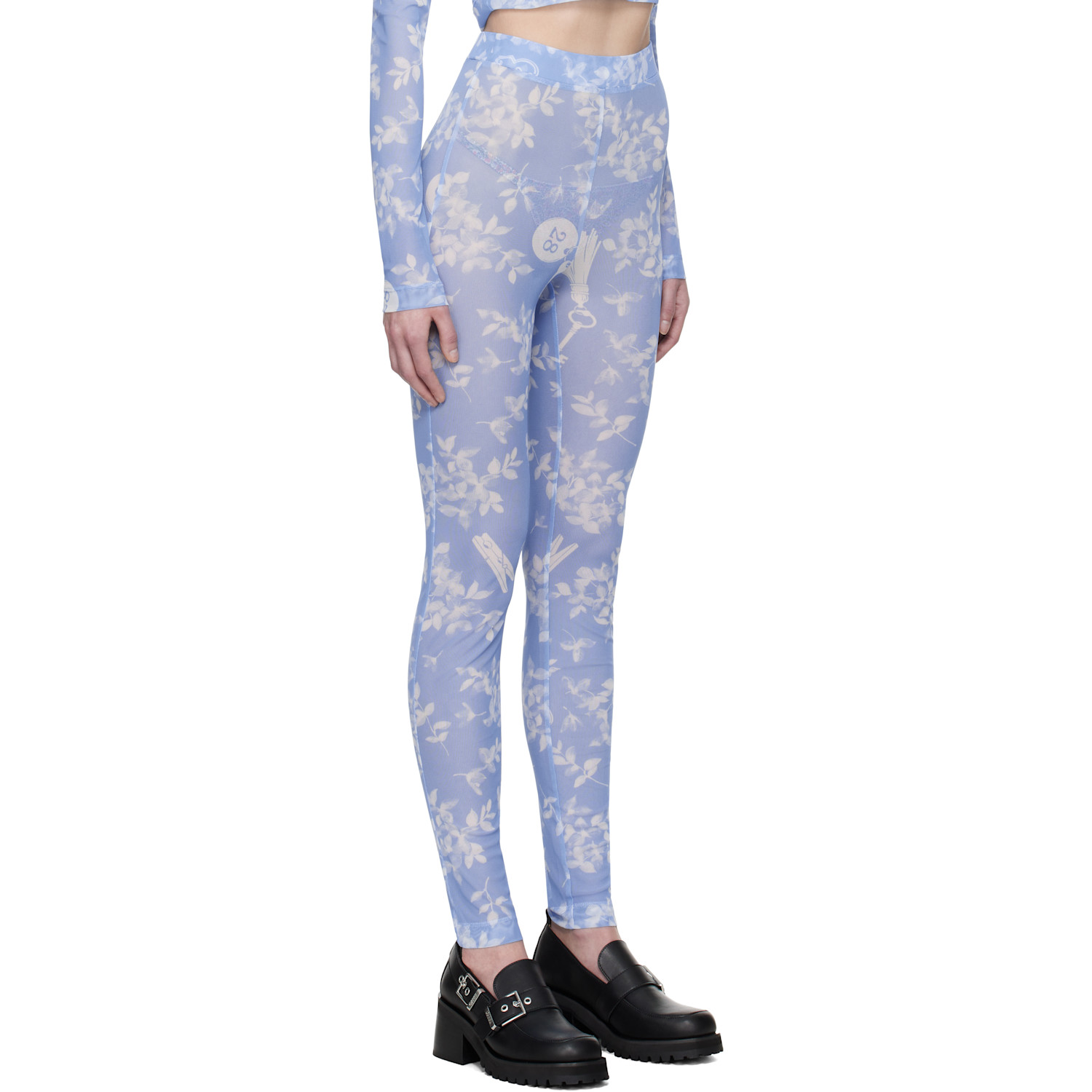  Moschino Jeans Blue Floral Print Mesh Leggings 