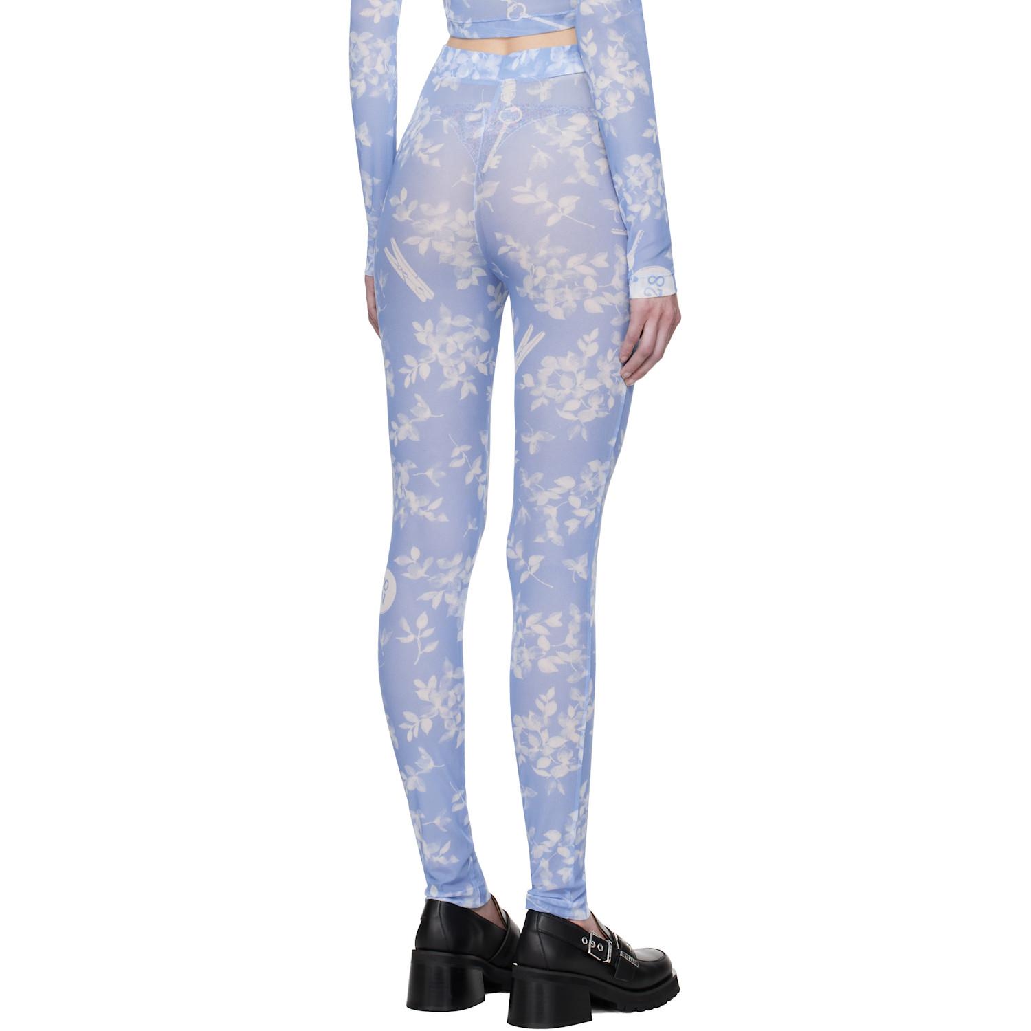  Moschino Jeans Blue Floral Print Mesh Leggings 