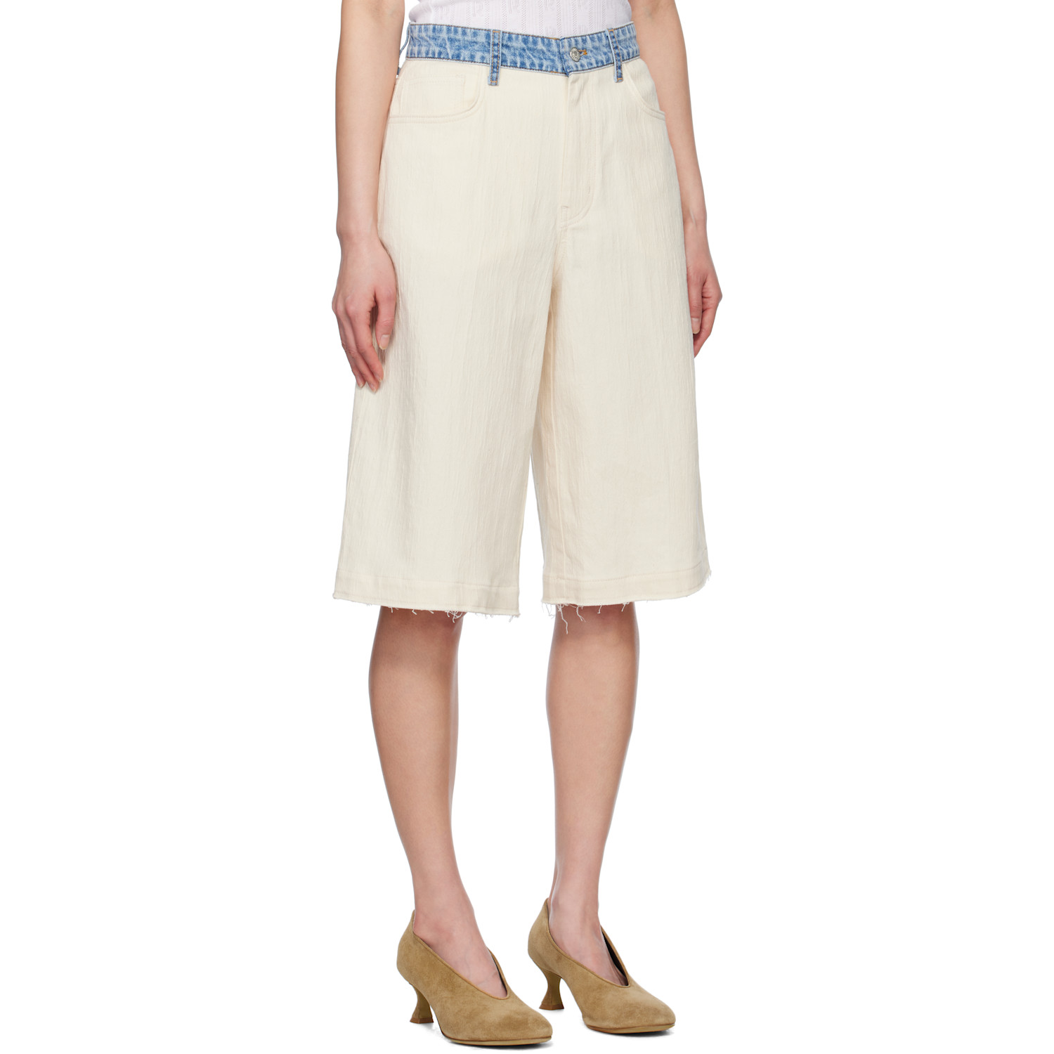  Moschino Jeans Beige & Blue Textured Cotton Hemp Shorts 