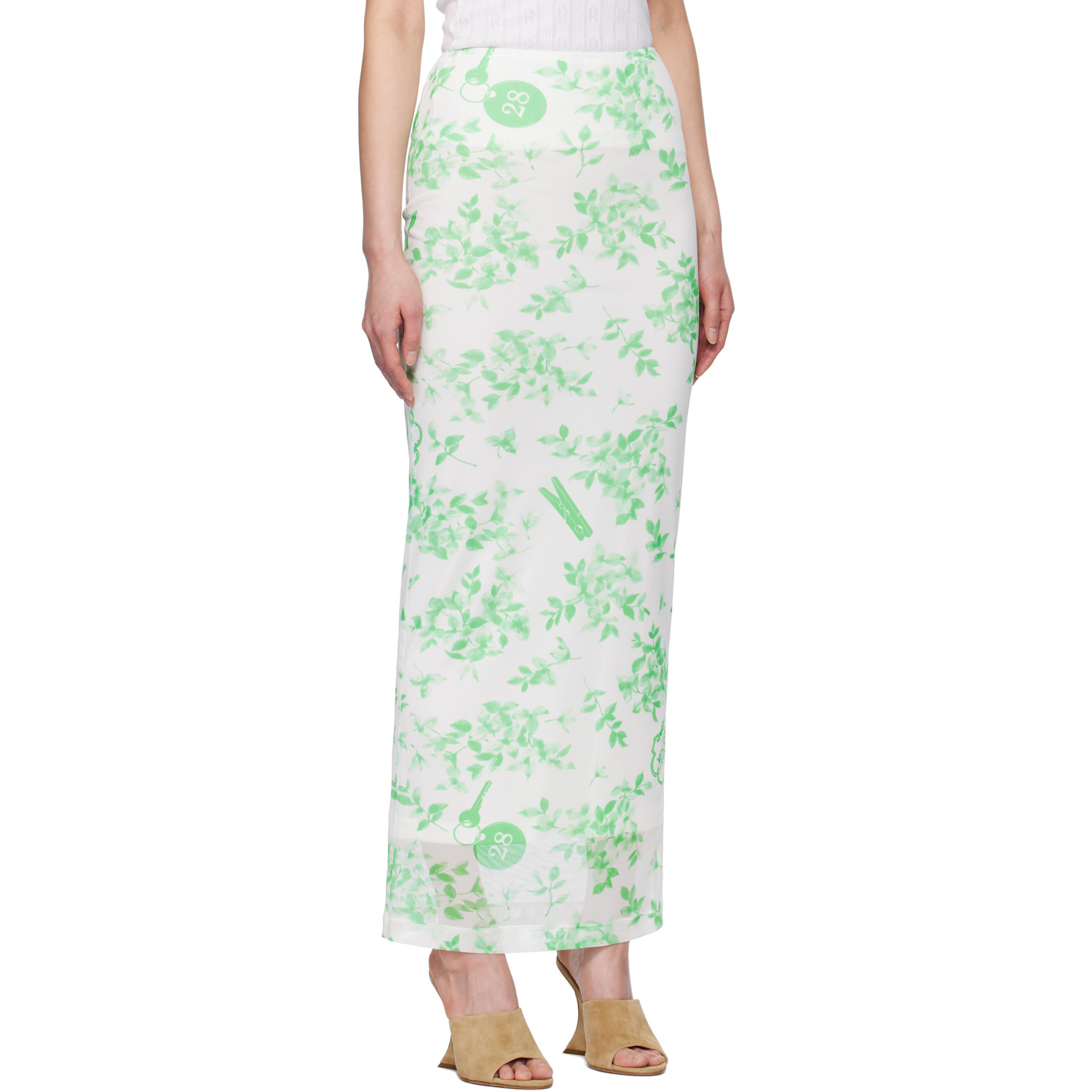  Moschino Jeans Green & White Floral Print Mesh Maxi Skirt 