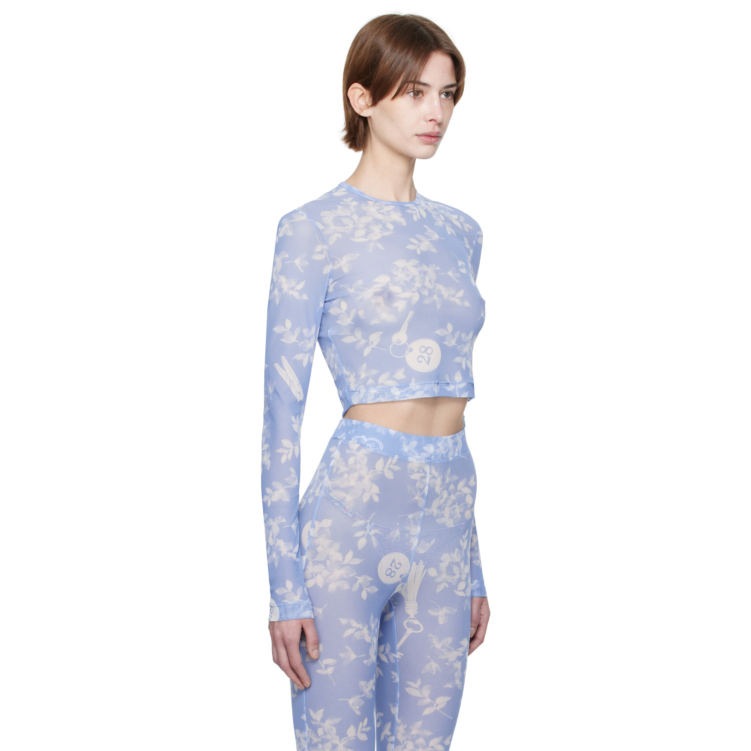  Moschino Jeans Blue Floral Print Mesh T-shirt 