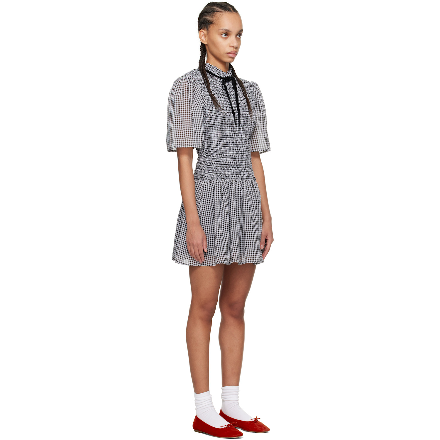  Ganni Black & White Sheer Check Mini Smock Minidress 