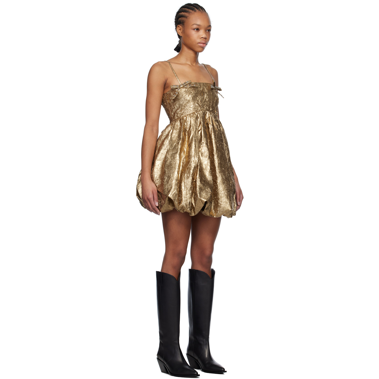  Ganni Gold Pleat Strap Minidress 