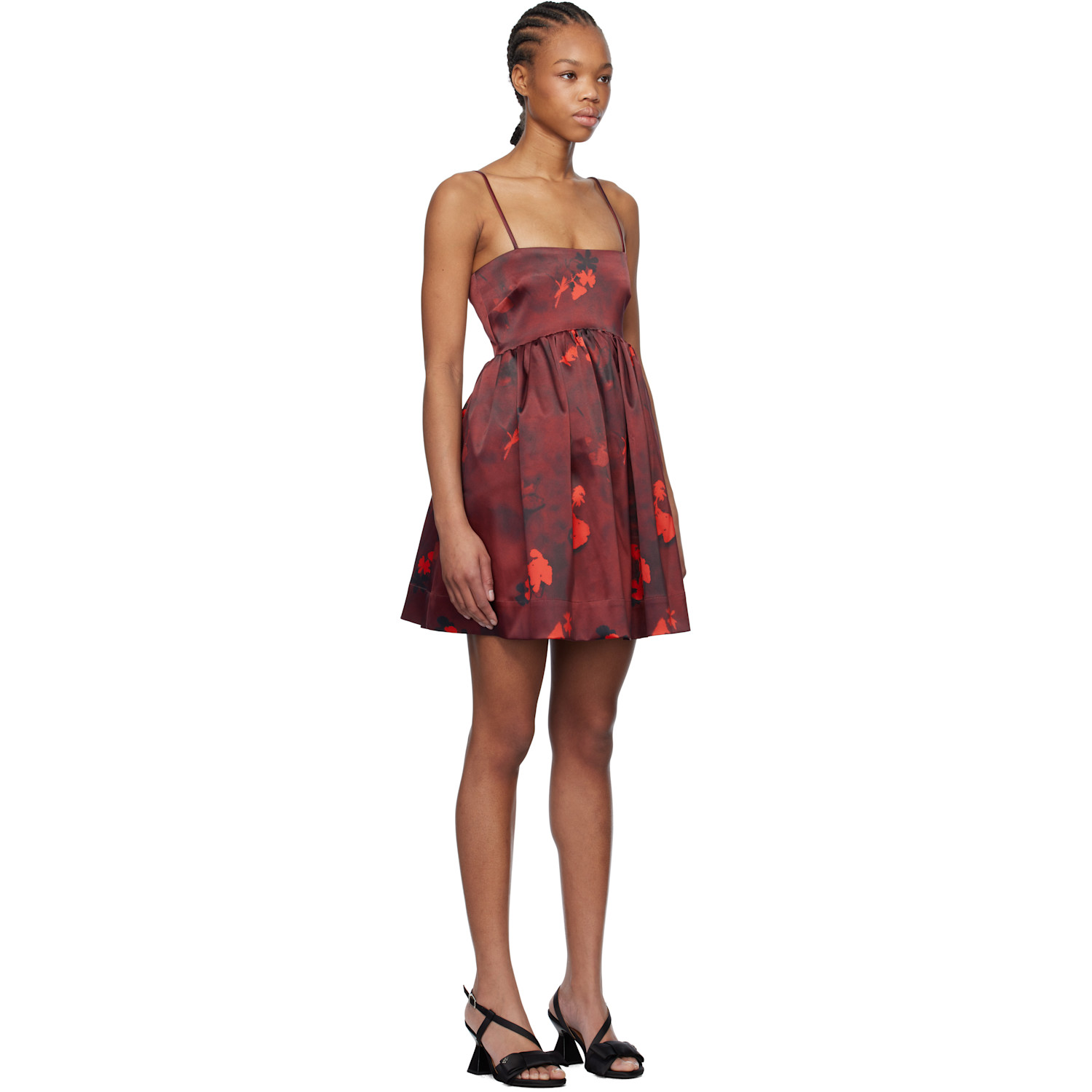  Ganni Burgundy Floral Print Satin Strap Minidress 