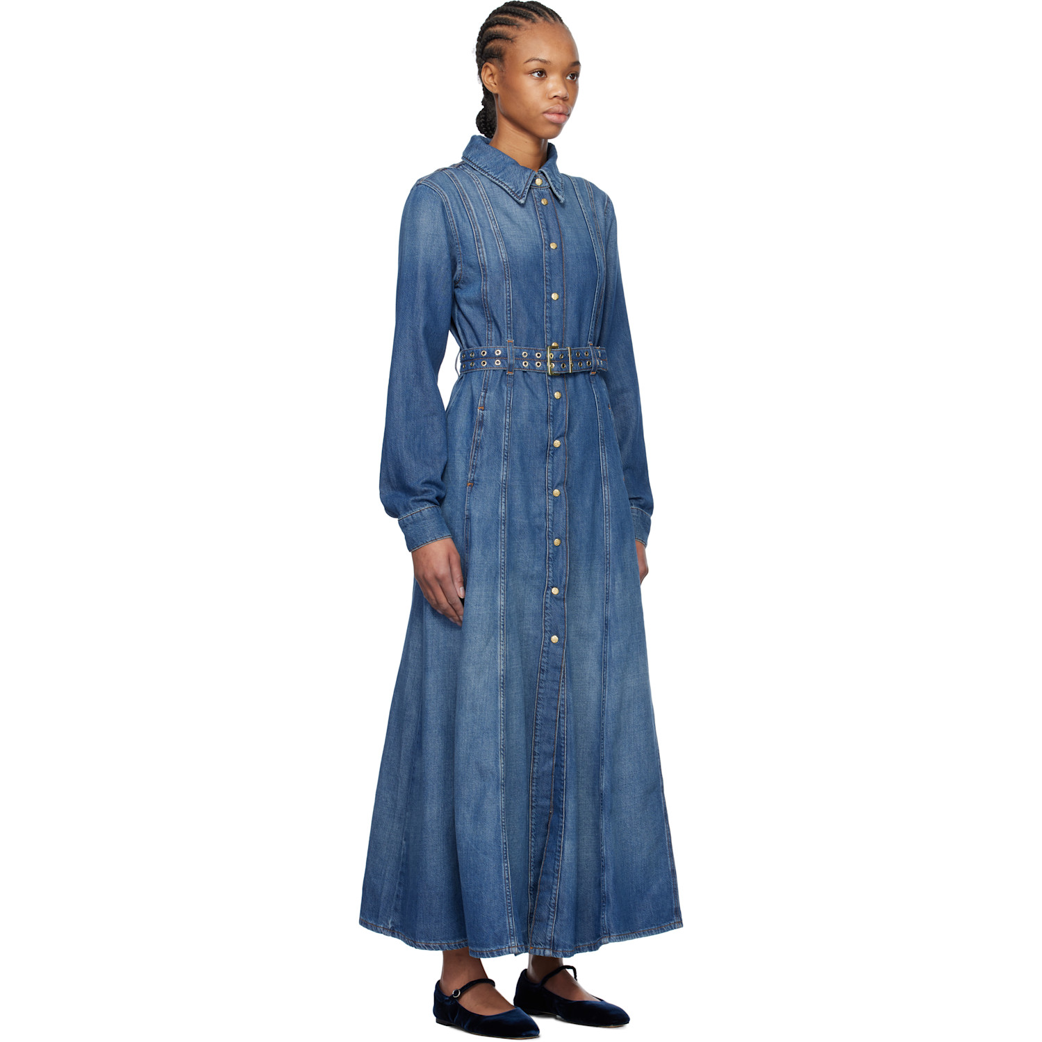  Ganni Blue Belted Denim Maxi Dress 