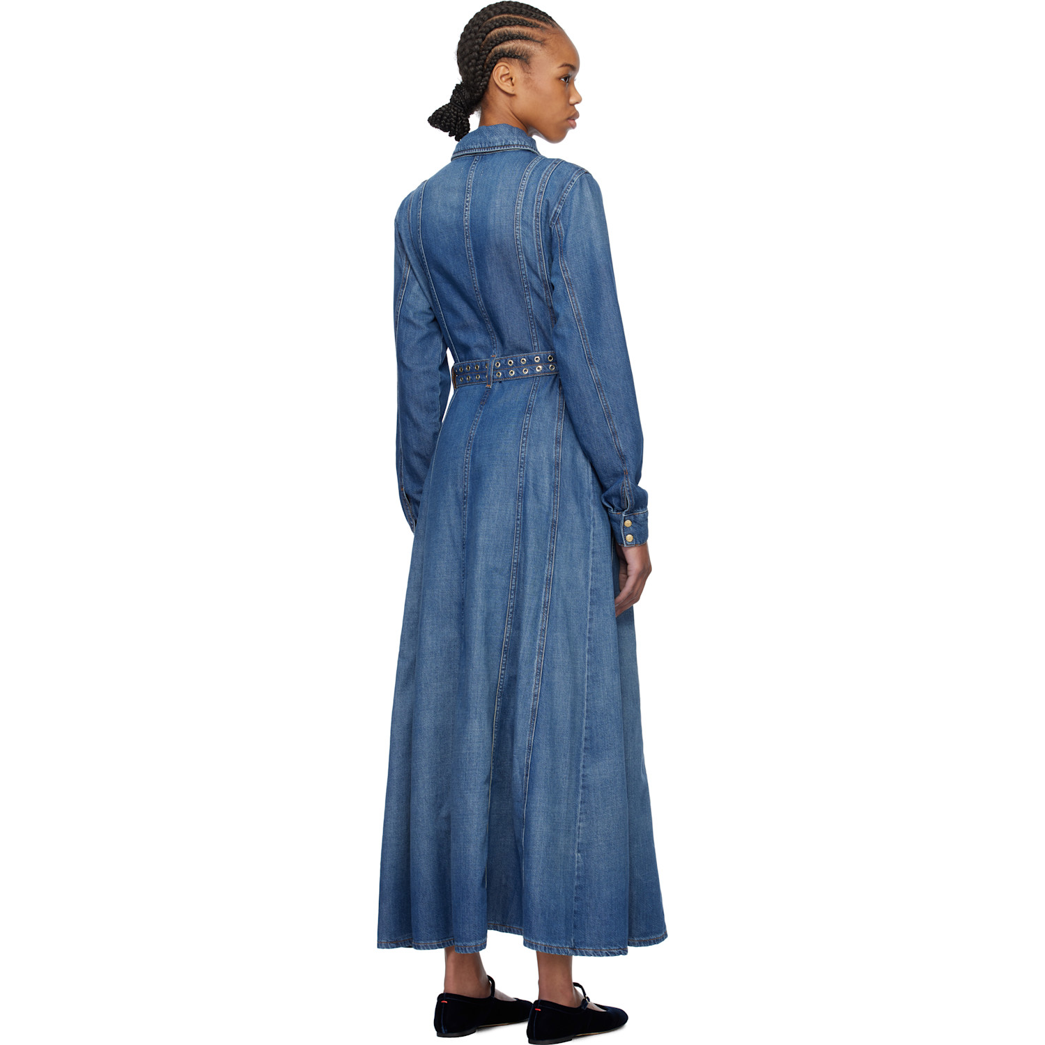  Ganni Blue Belted Denim Maxi Dress 