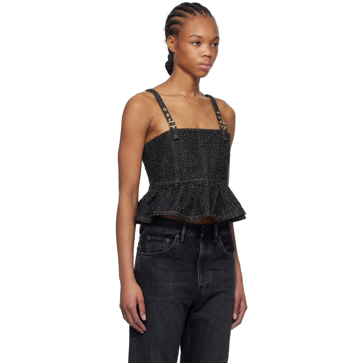  Ganni Black Fluffy Denim Strap Top 