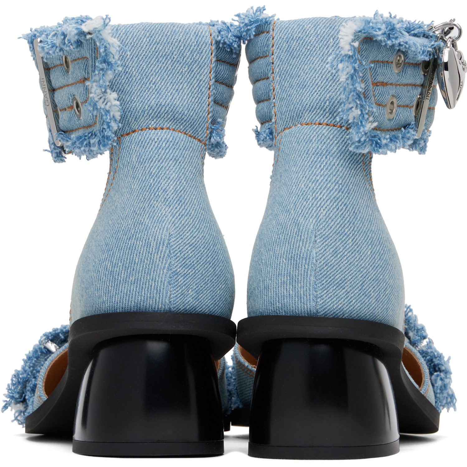 Ganni Blue Denim Feminine Buckle Open Cut Heels 