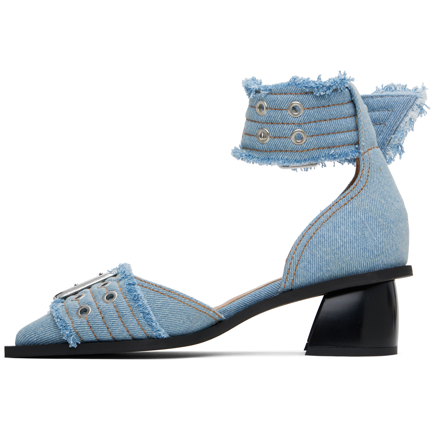  Ganni Blue Denim Feminine Buckle Open Cut Heels 