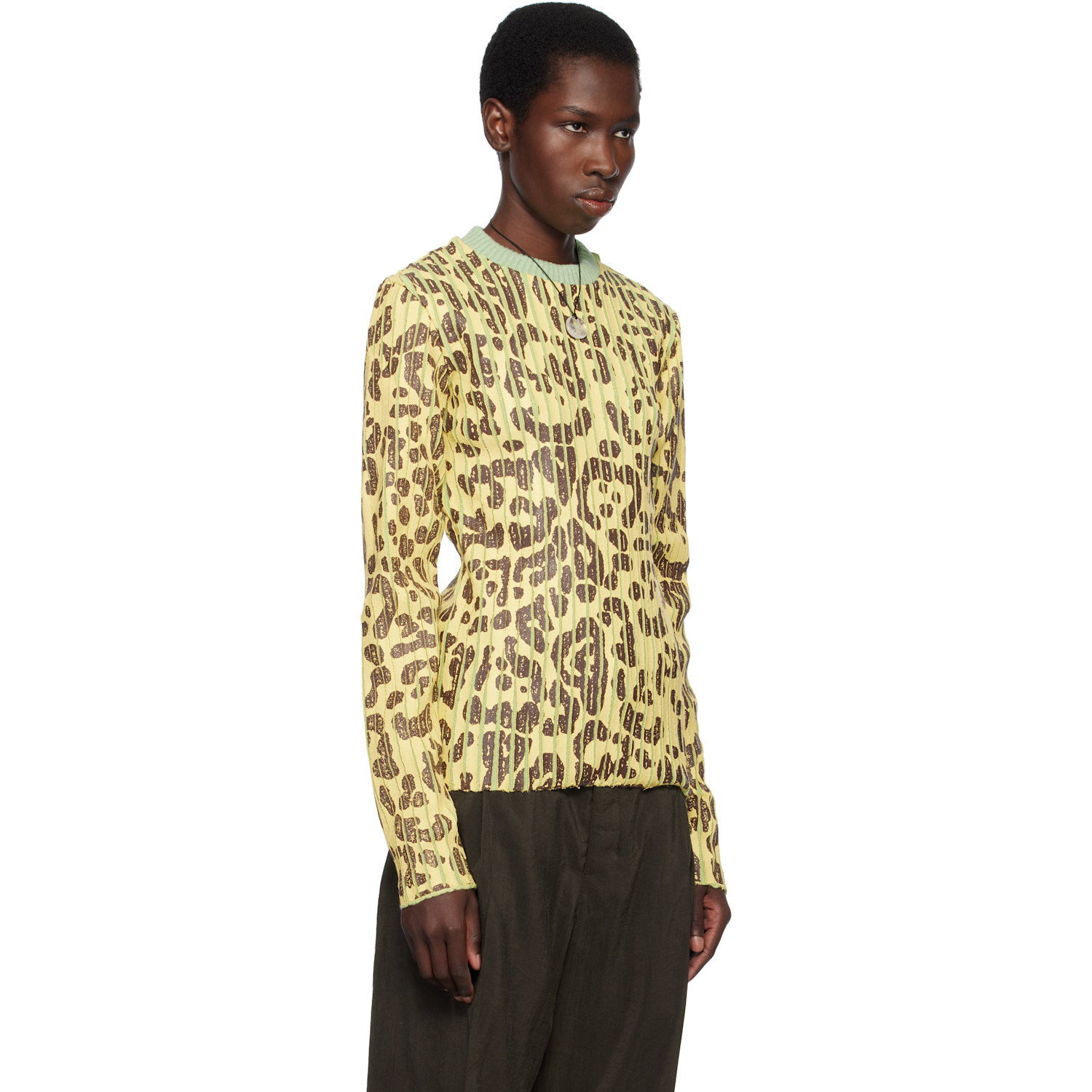  Stanley Raffington Yellow & Green Leopard Print Plated Knit Crewneck Sweater 