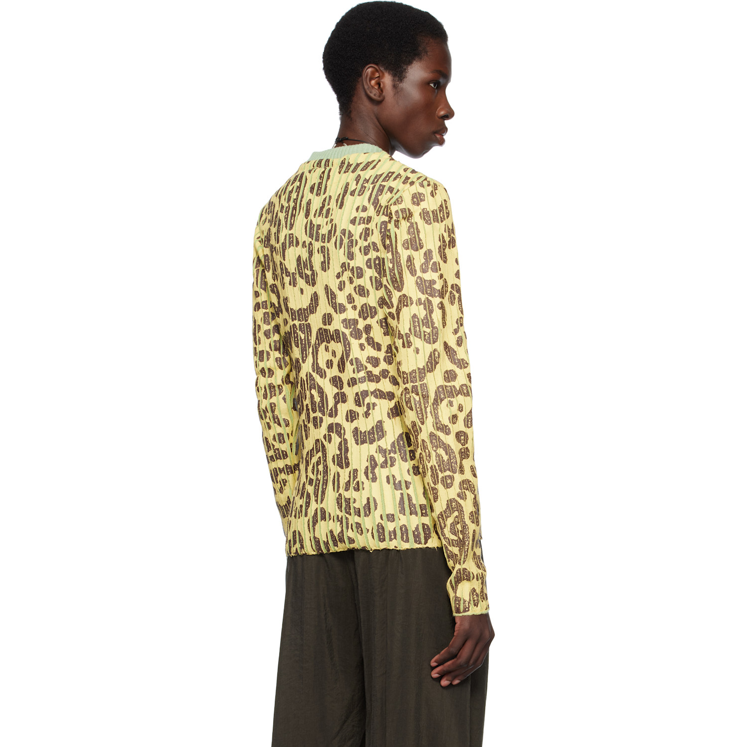  Stanley Raffington Yellow & Green Leopard Print Plated Knit Crewneck Sweater 