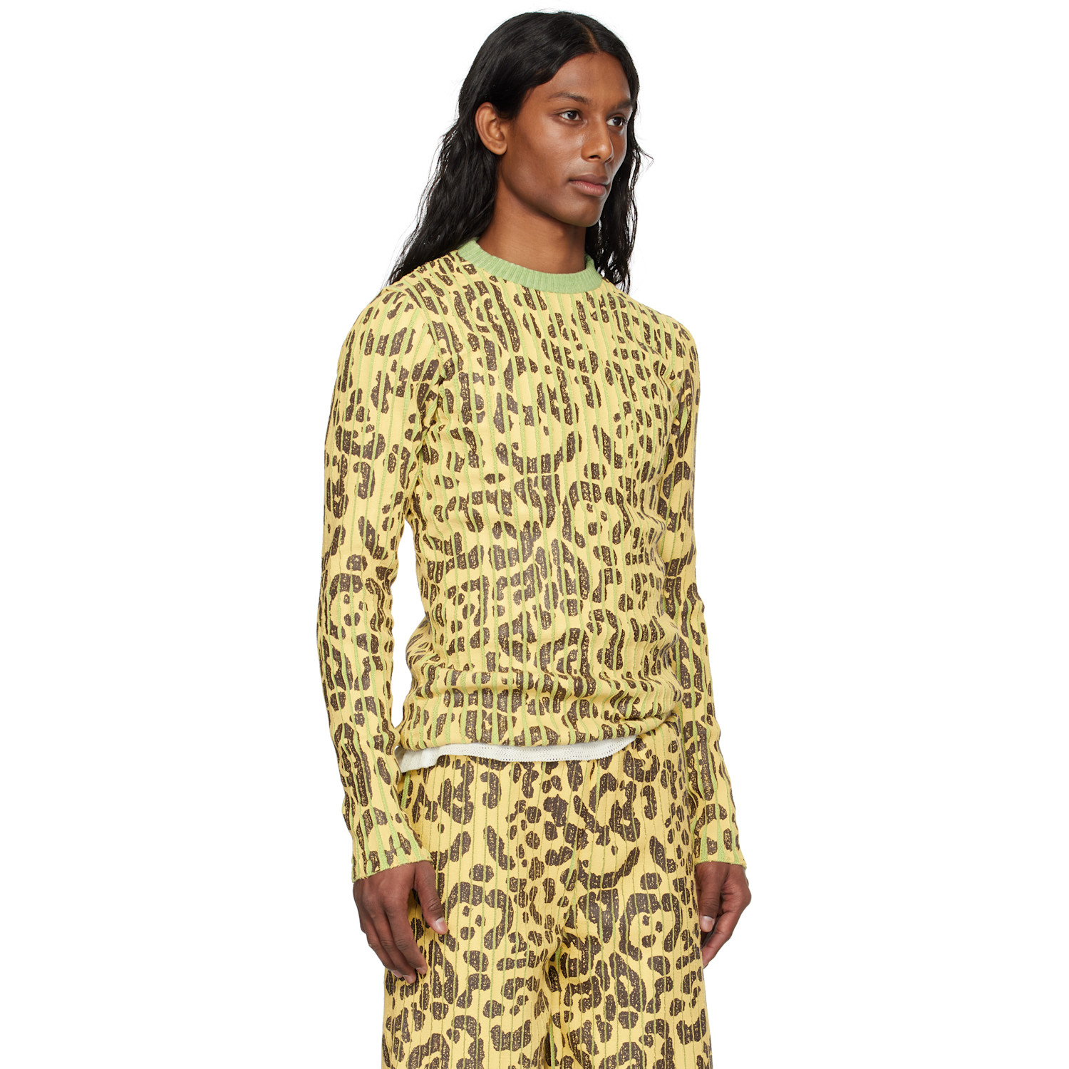  Stanley Raffington Yellow & Green Leopard Print Plated Knit Crewneck Sweater 
