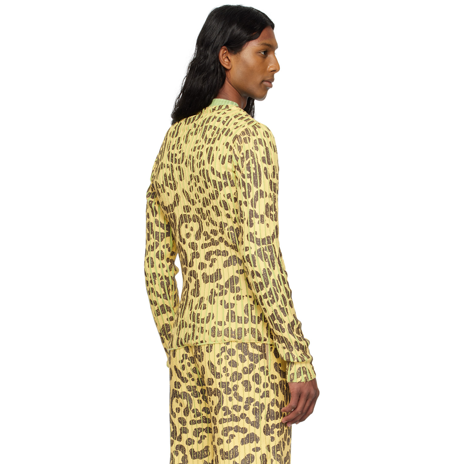  Stanley Raffington Yellow & Green Leopard Print Plated Knit Crewneck Sweater 
