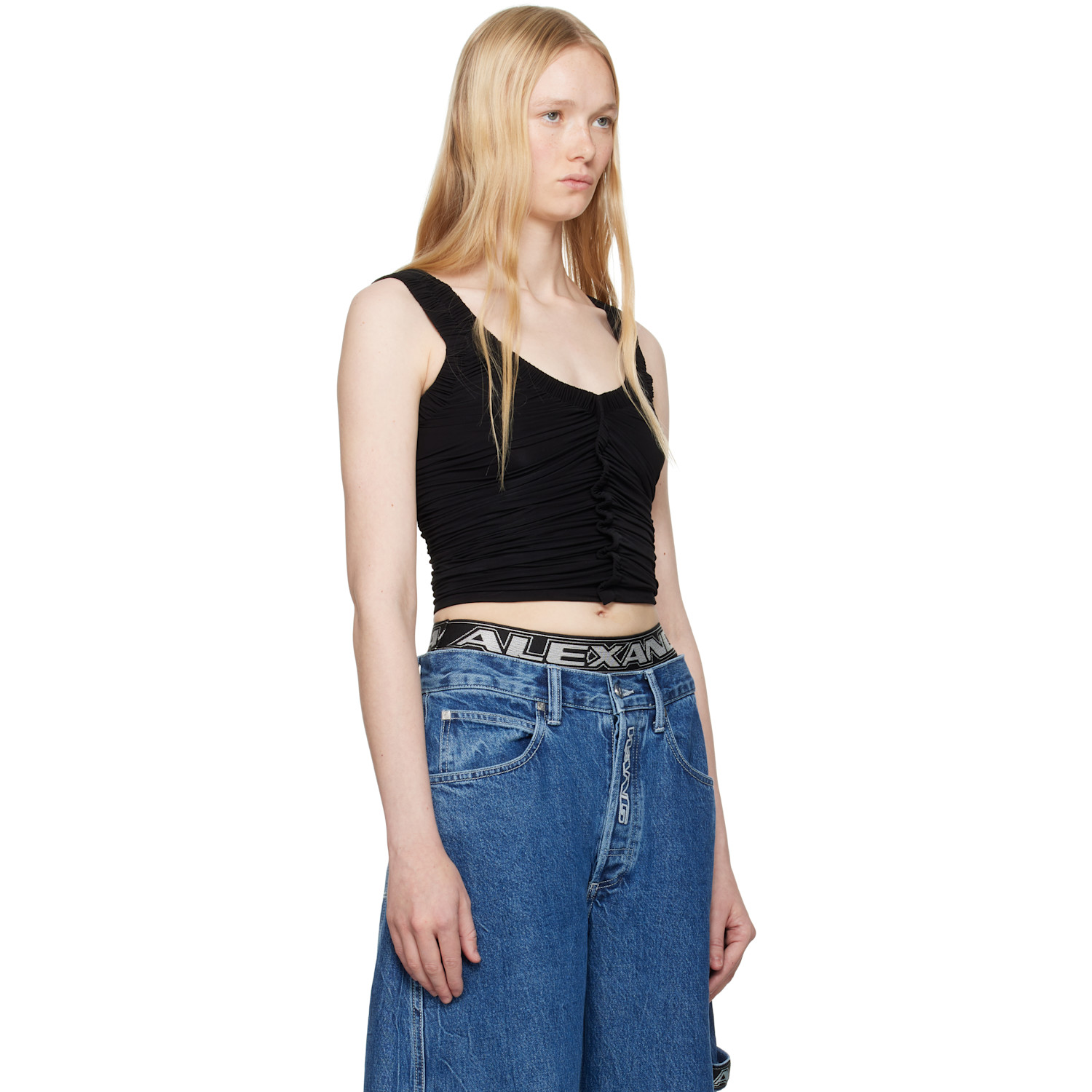  Alexander Wang Black Sheer Ruched Tank Top 