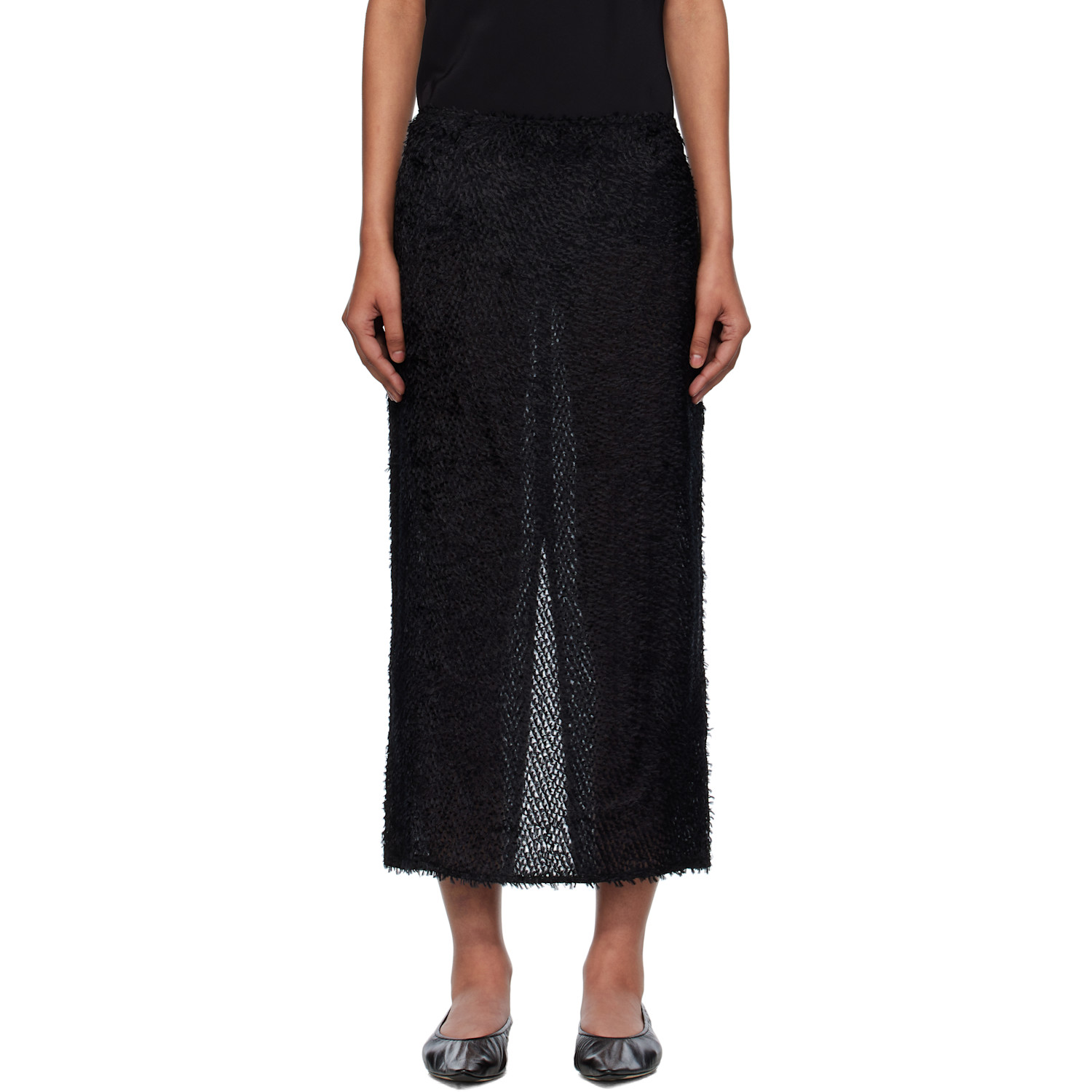St. Agni Black Feathered Silk Midi Skirt
