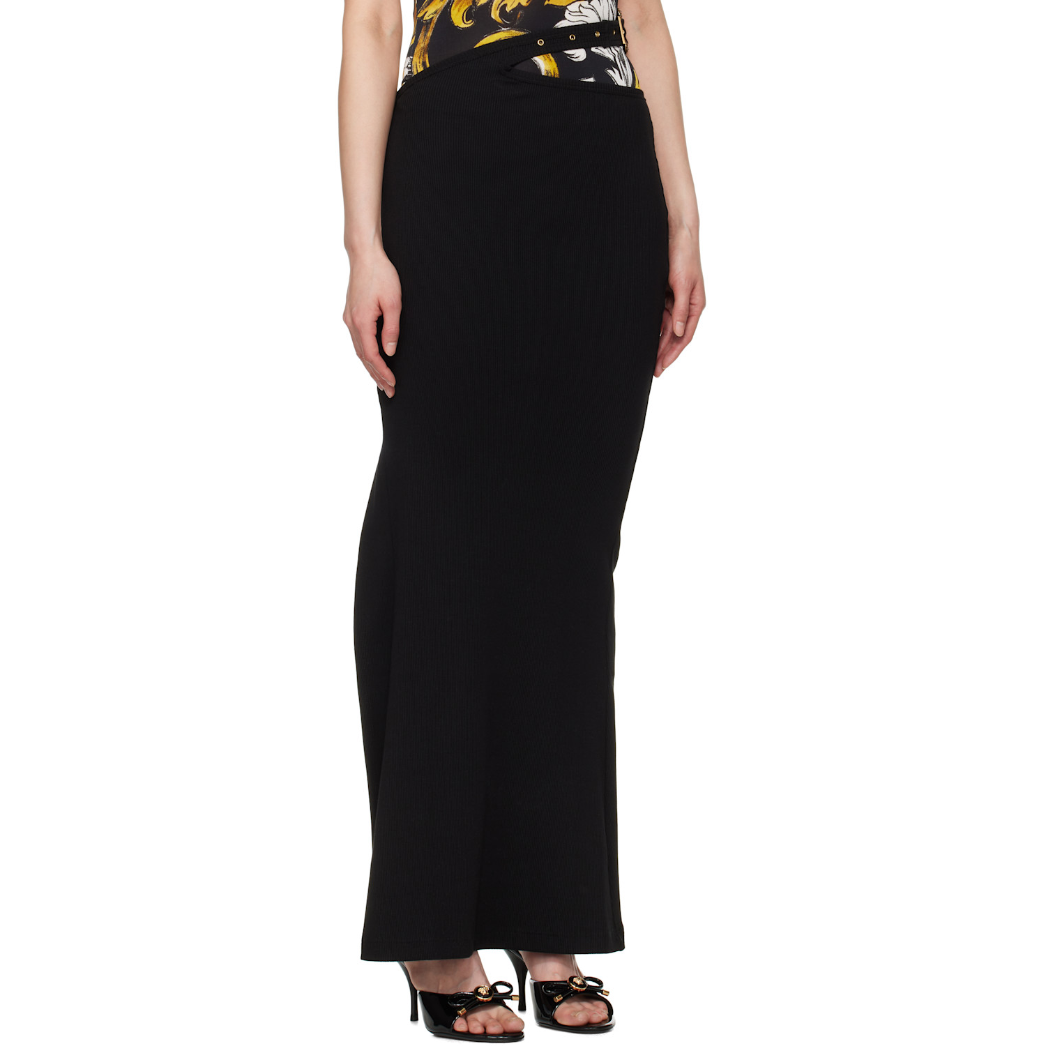  Versace Jeans Couture Black Baroque Buckle Ribbed Maxi Skirt 