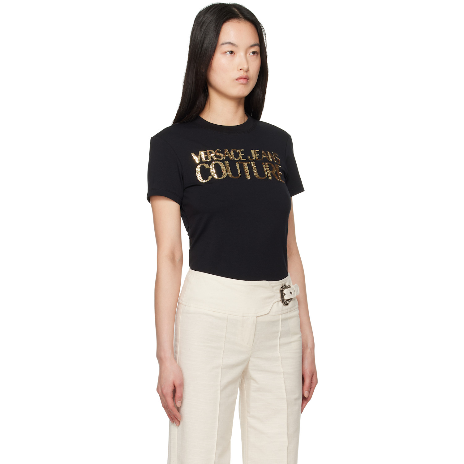  Versace Jeans Couture Black Crystal Institutional Logo T-shirt 