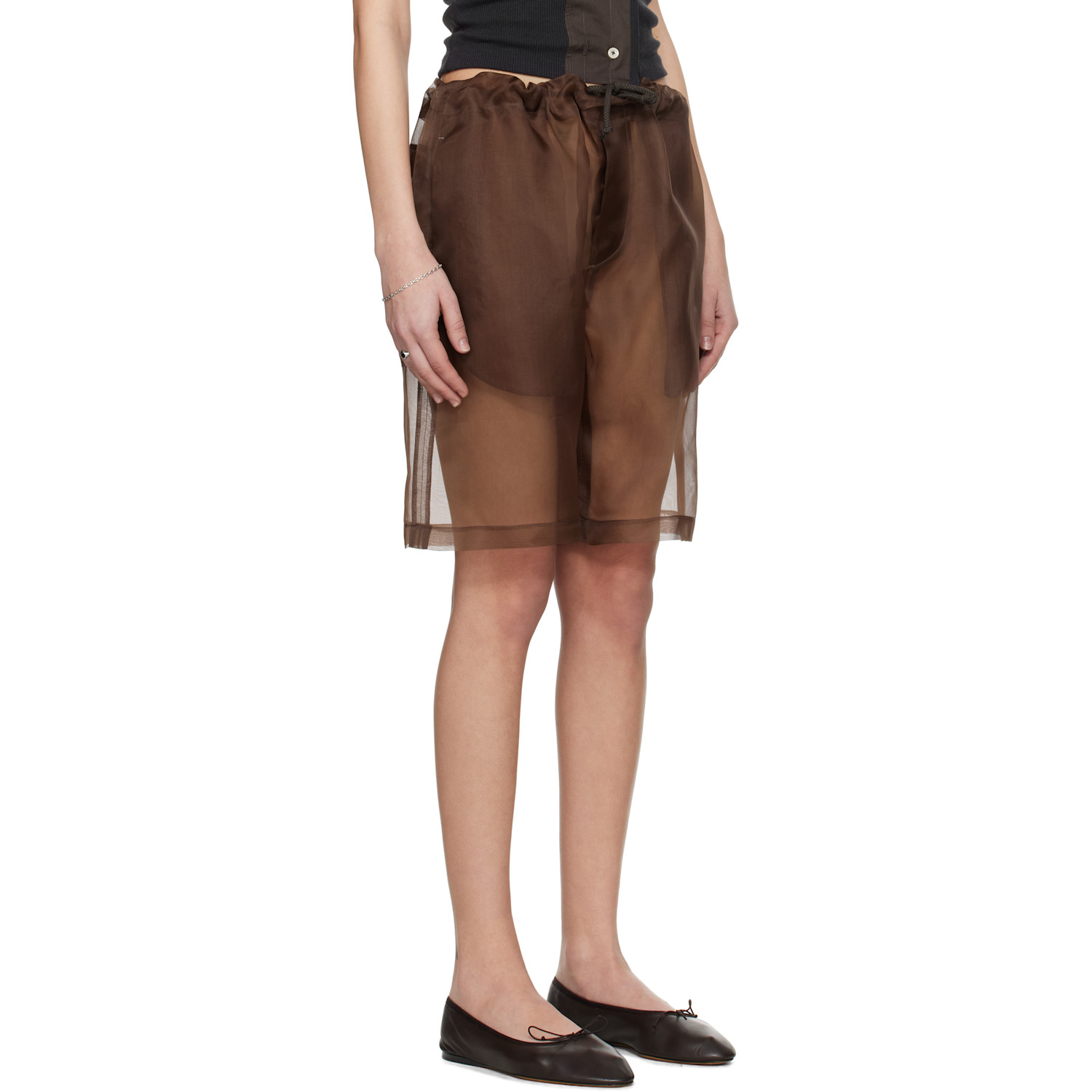  Meta Campania Collective Brown Neil Exaggerated See-through Silk Drawstring Shorts 