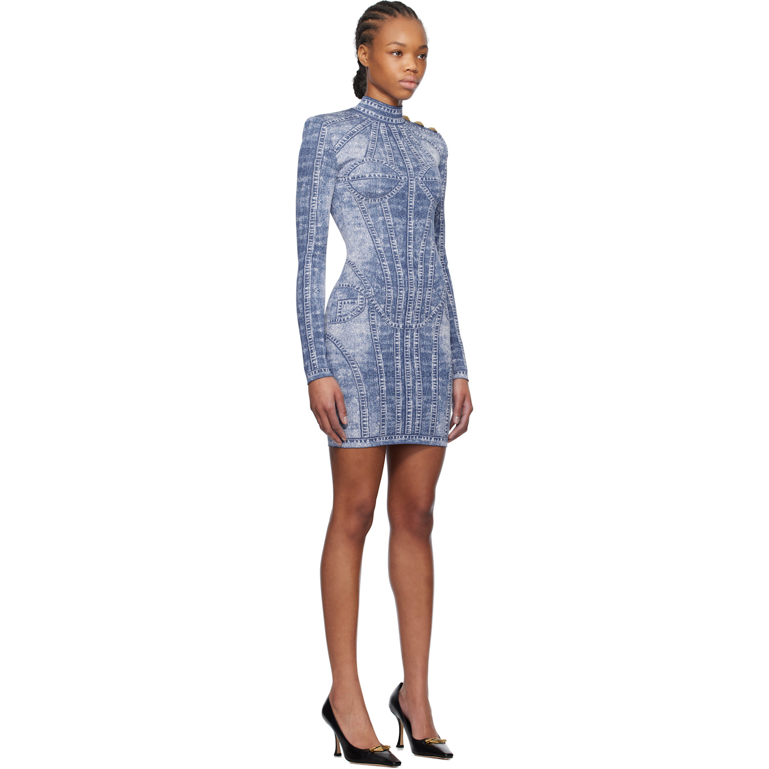  Balmain Blue Jacquard Denim Effect Minidress 