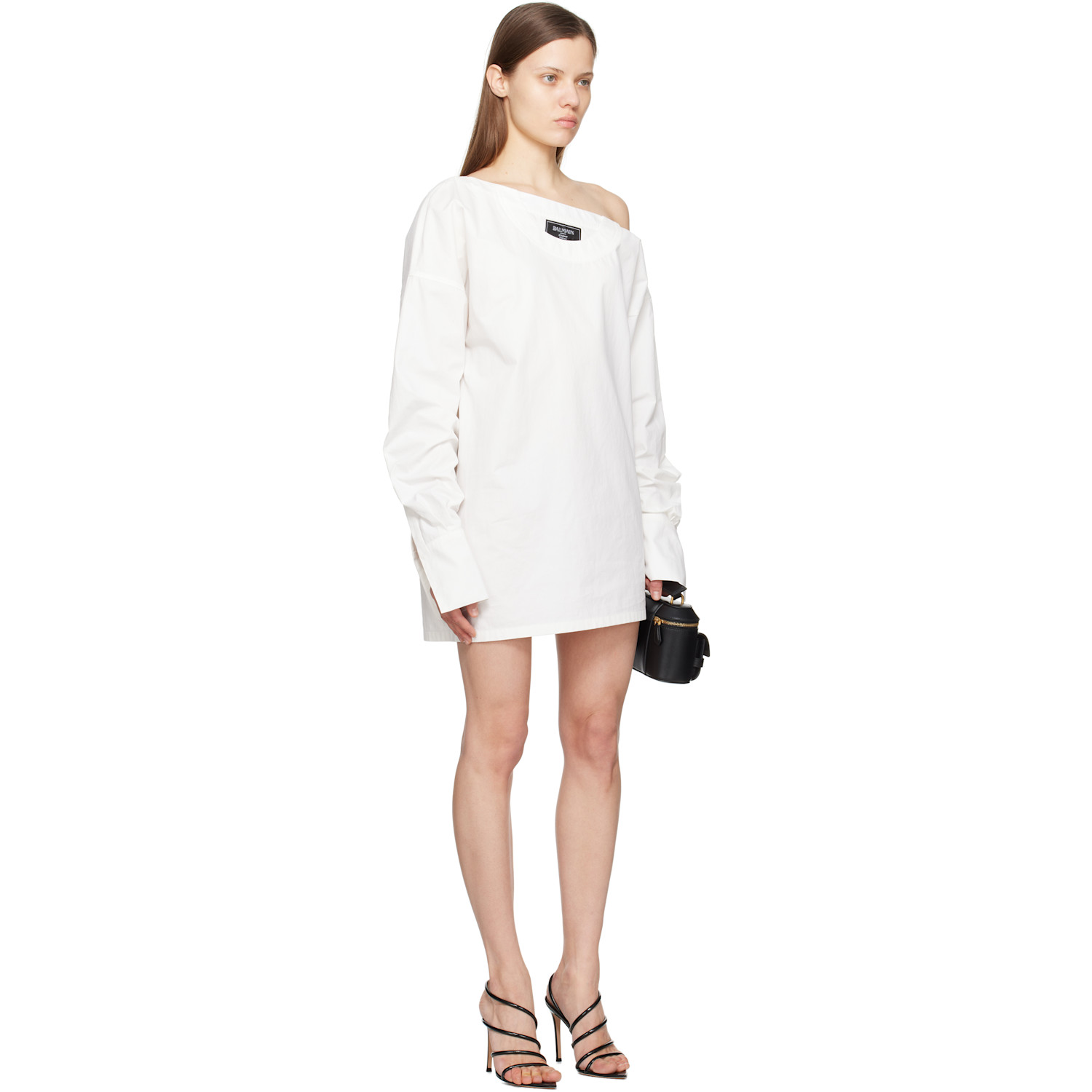  Balmain White Open Neck Asymmetric Shirt Minidress 