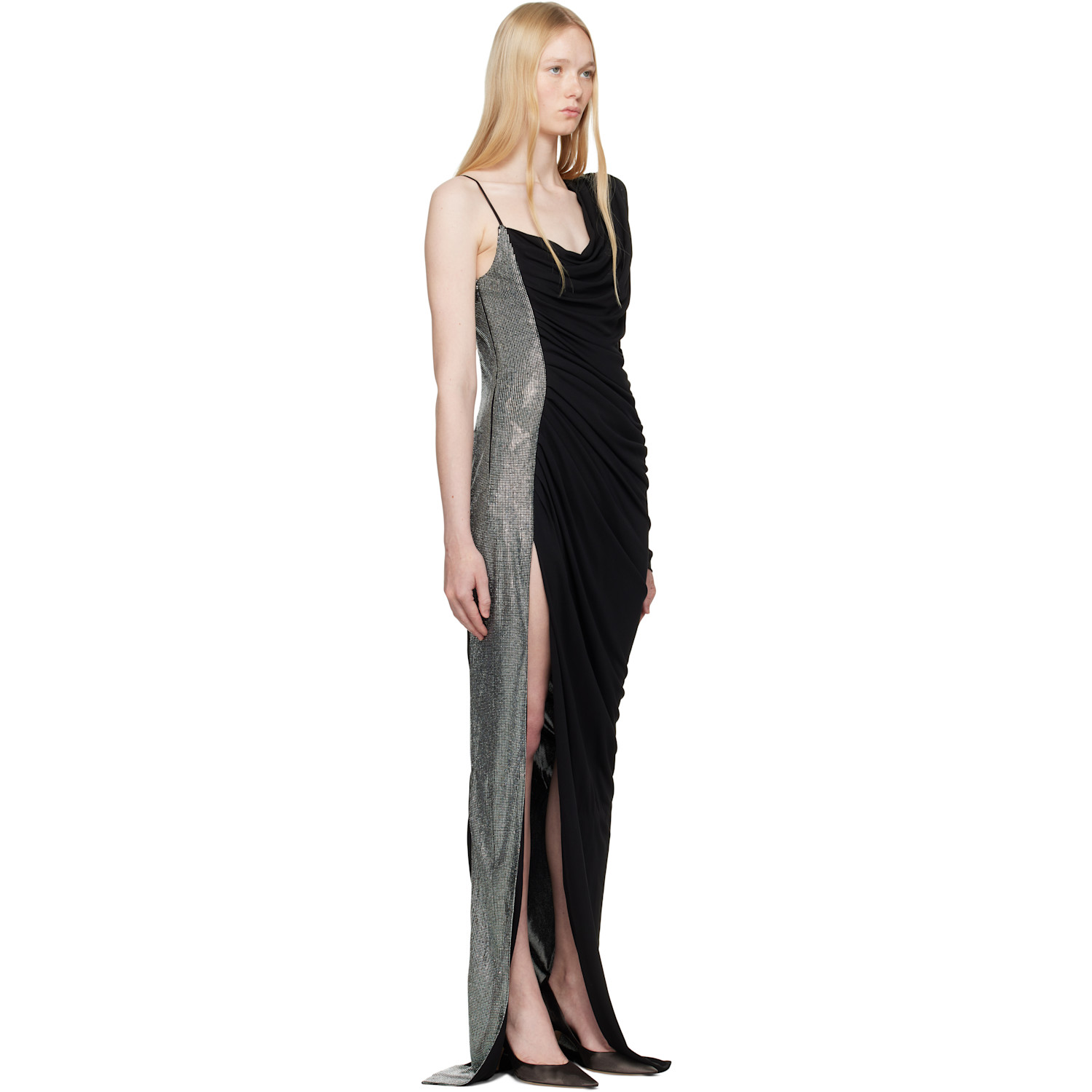 Balmain Black Draped Asymmetrical Two-material Maxi Dress 