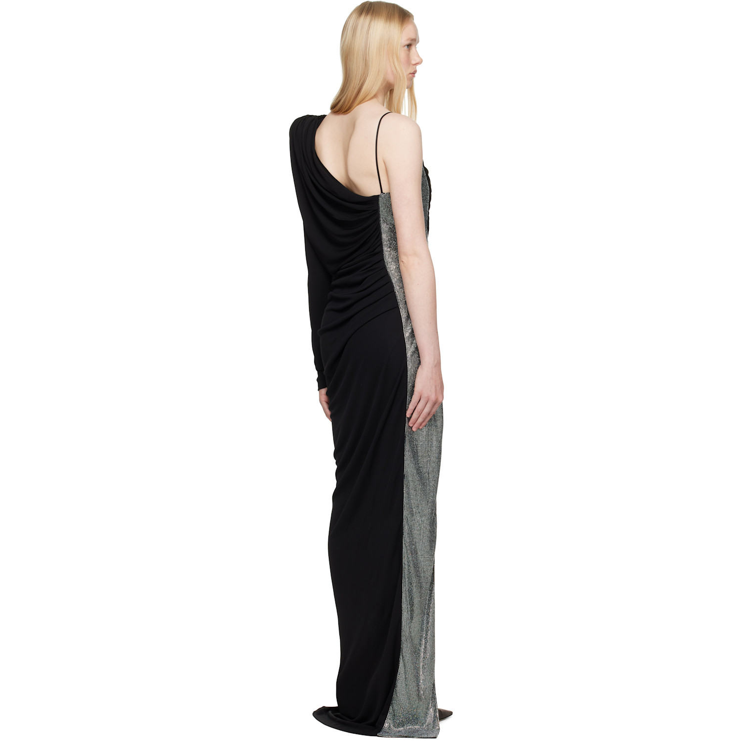  Balmain Black Draped Asymmetrical Two-material Maxi Dress 