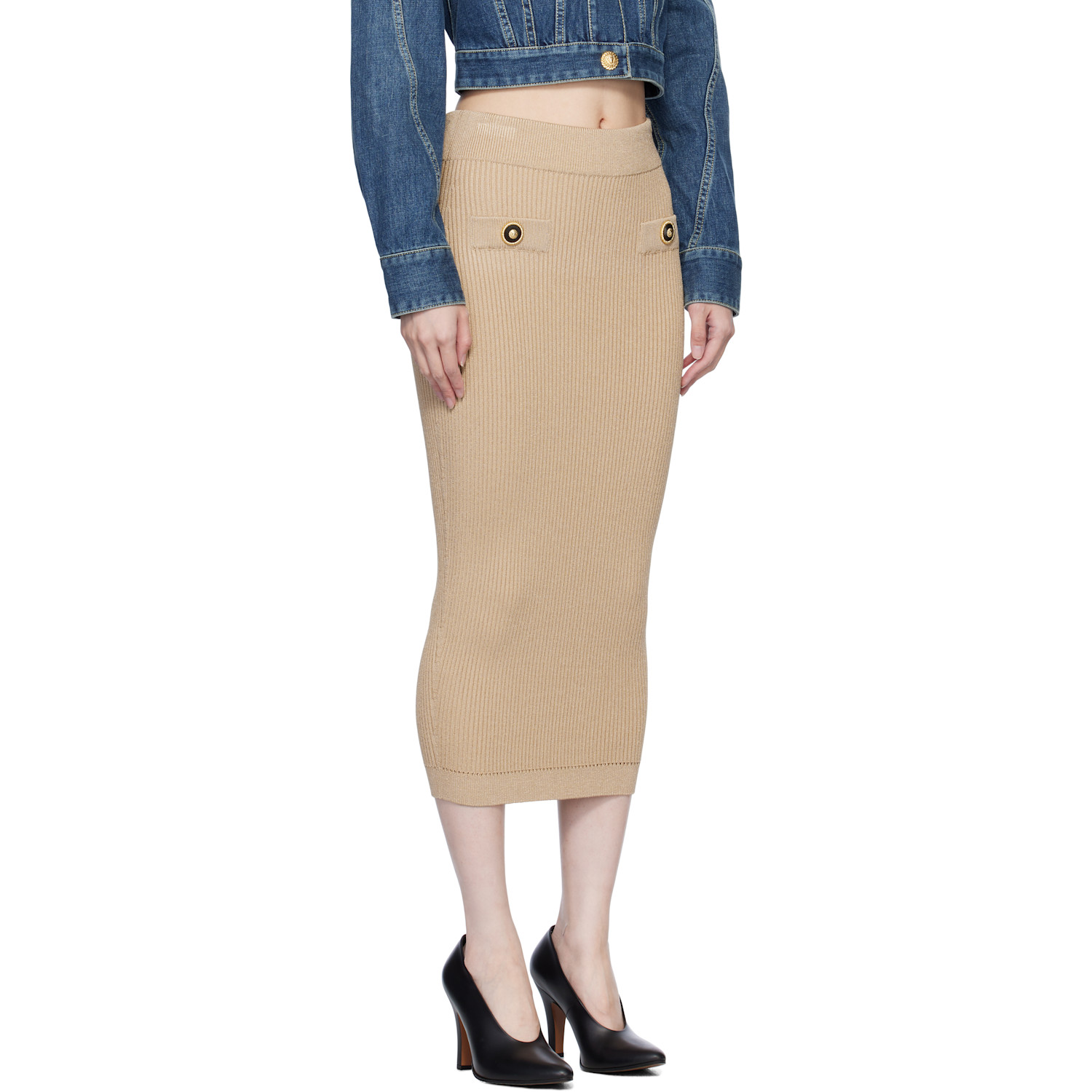  Balmain Beige Plain Ribbed Knit Midi Skirt 