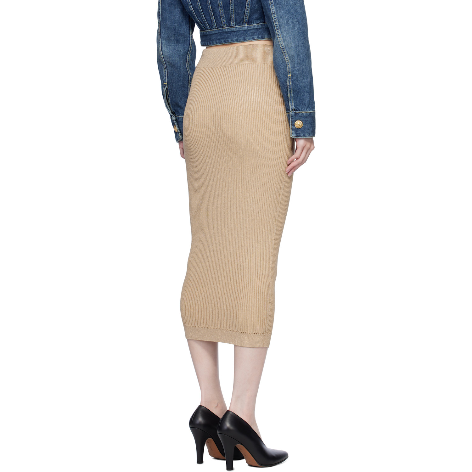  Balmain Beige Plain Ribbed Knit Midi Skirt 