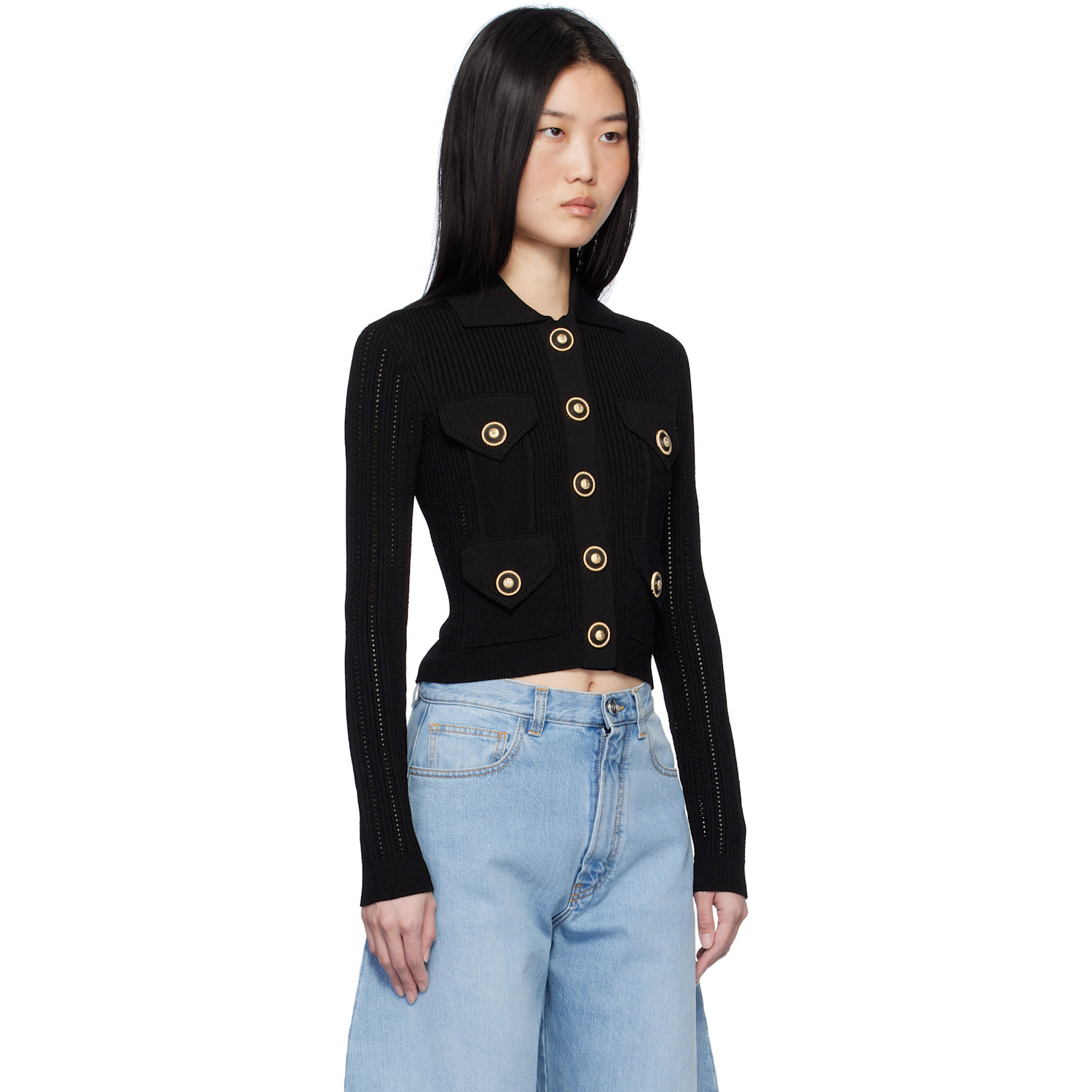  Balmain Black Cropped Ribbed Knit Cardigan 