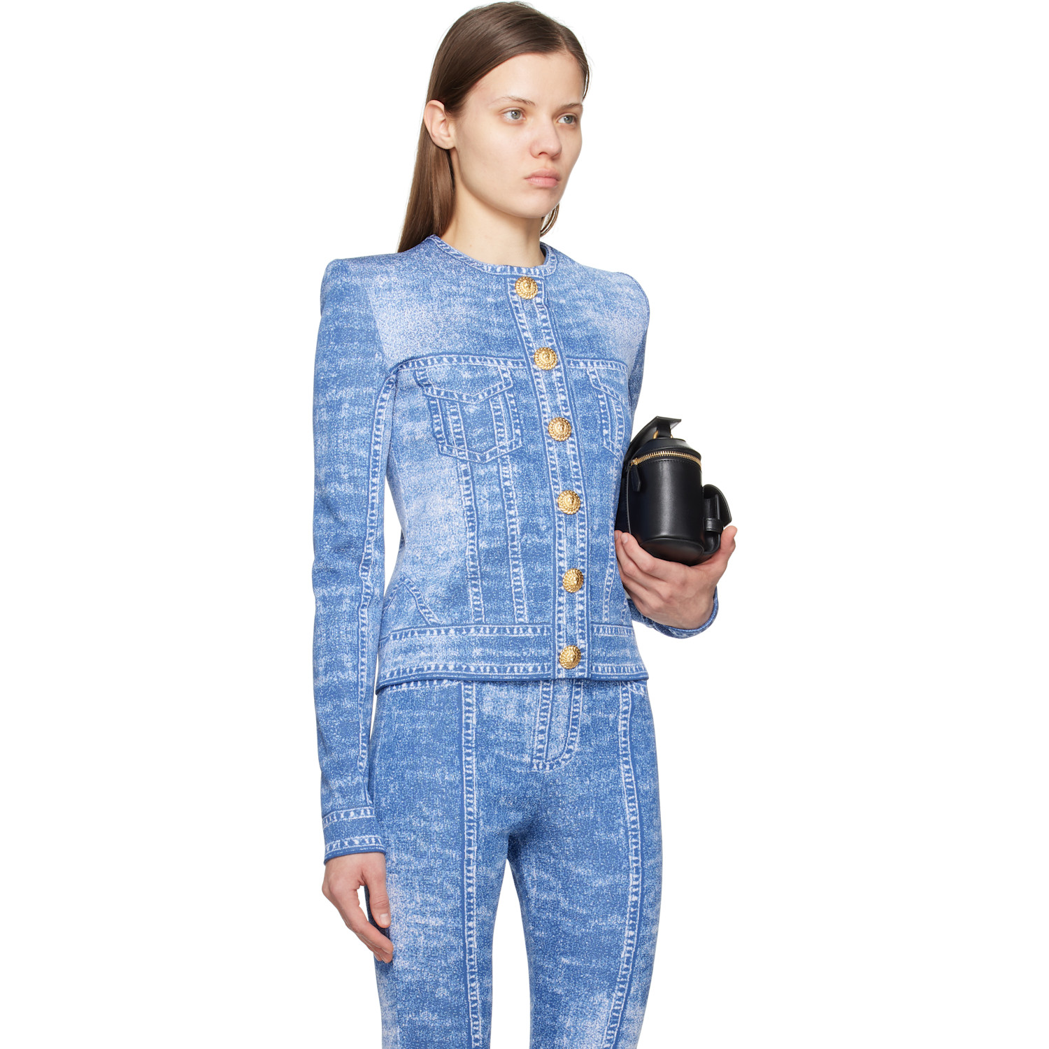  Balmain Blue Jacquard Denim Effect Knit Cardigan 