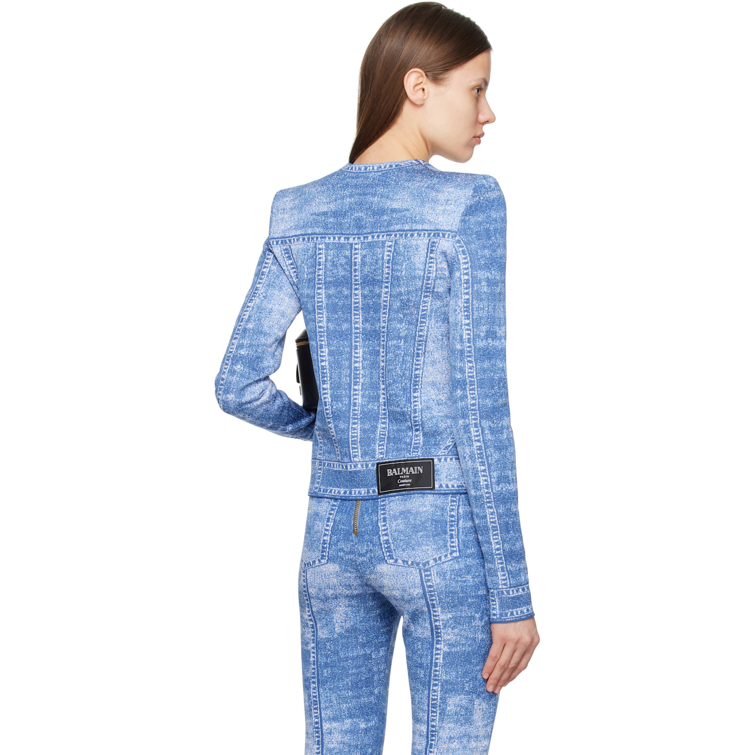  Balmain Blue Jacquard Denim Effect Knit Cardigan 