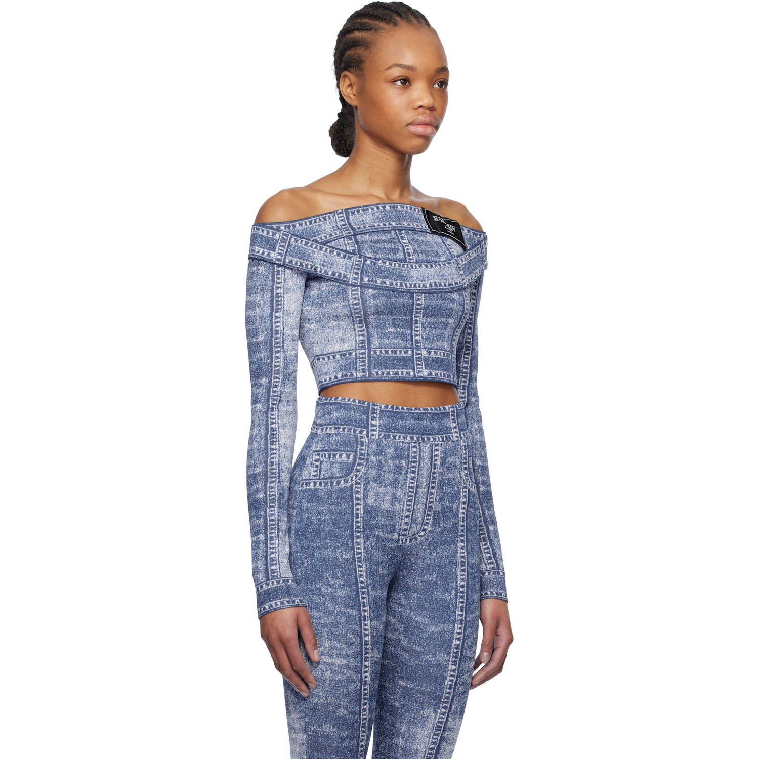  Balmain Blue Double Collar Denim Trompe L'oeil Top 