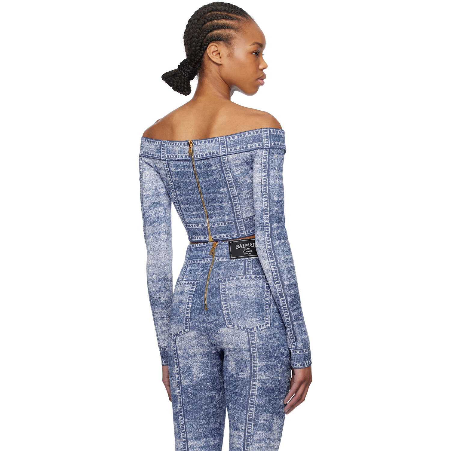  Balmain Blue Double Collar Denim Trompe L'oeil Top 
