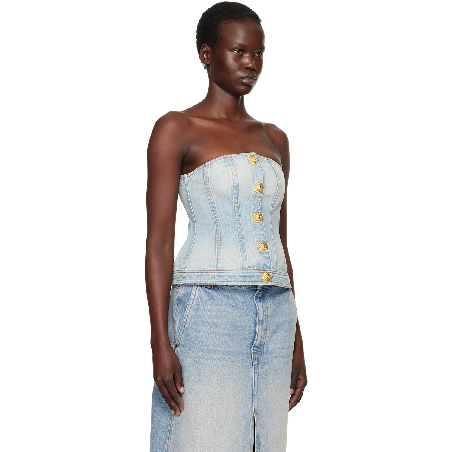  Balmain Blue Buttoned Denim Corset Top 