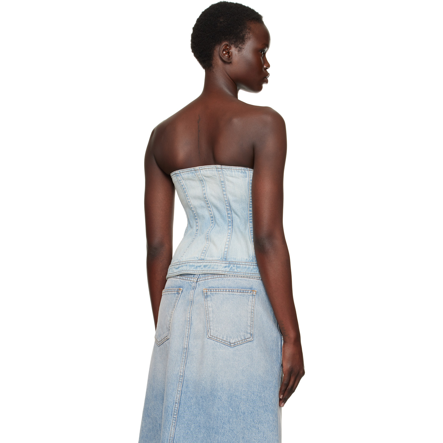  Balmain Blue Buttoned Denim Corset Top 